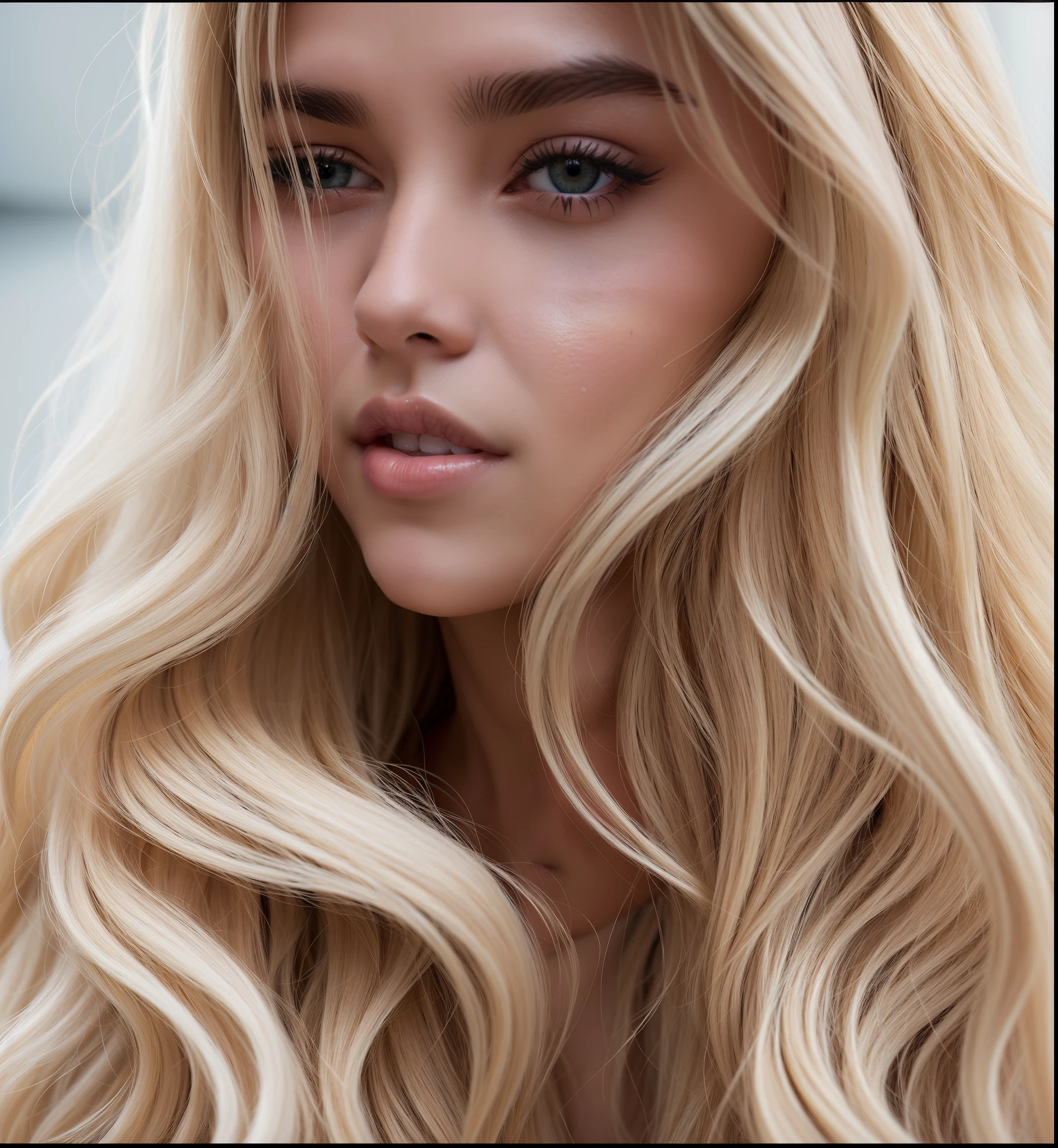 a close-up of a woman with long blonde hair and pink lips, Alana Fletcher, morena com cabelos tingidos de loiro, Uma garota com cabelo loiro, por Emma Andijewska, beleza de cair o queixo, Dasha Taran, Angie Glock, por Anna Haifisch, com longos cabelos loiros, lindo cabelo loiro, cabelo loiro grande, beleza de cair o queixo