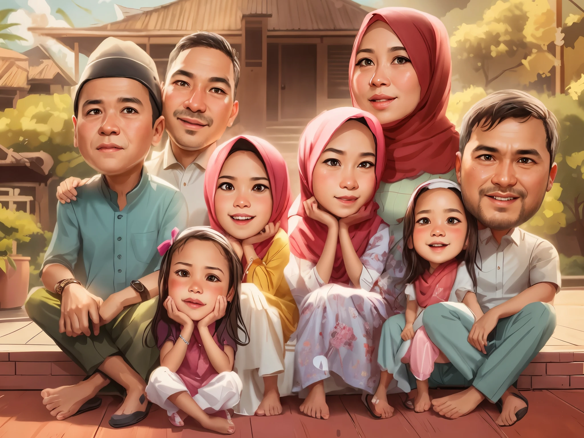 arafed family muslim portrait of a man, woman hijab, , and two other people, an indonesian family portrait, caricature illustration, in cartoon style, caricature style, potrait, cartoon art, caricature, traditional art, family portrait, cartoon artstyle, cartoon portrait, happy family, family, realistic cartoon, digital art cartoon, close up potrait, cartoon style illustration, HDR plus, realistic, rendering