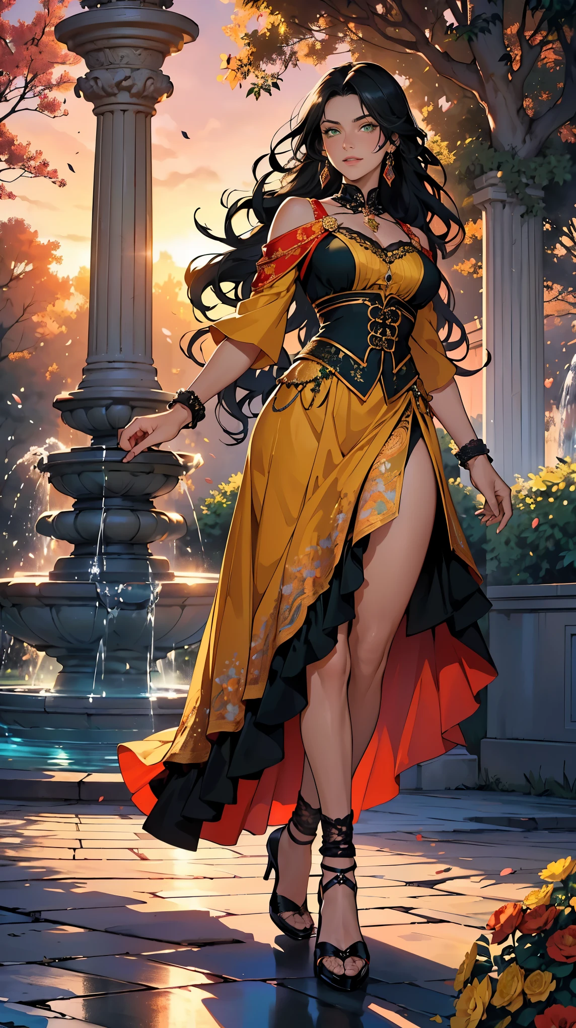 (((Masterpiece, Best quality, A high resolution, ultra detailed),(beautiful and aesthetically pleasing:1.2), 1 woman, adult, Perfect body, wavy black hair, beautiful luxurious hairstyle, ((Green eyes)), detailed eyes and face, full body, Spanish motifs, Spanish dance costume red and black, Classic Gypsy dance costume, flamenco for women, loose skirt, shoes, Spain, street, Evening, sunset, trees, flowers, Fountain