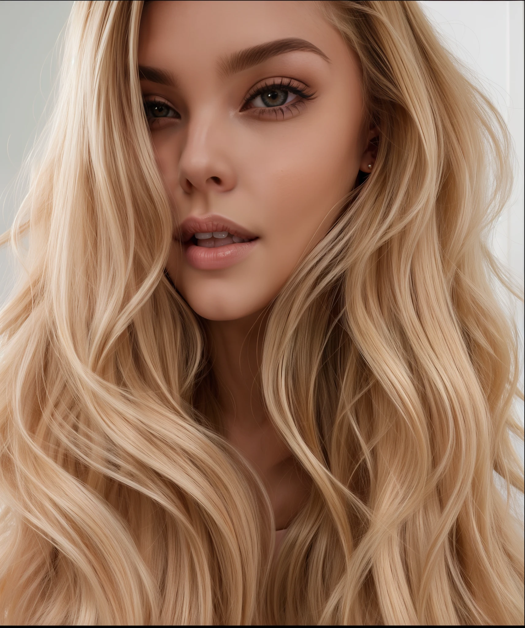 a close-up of a woman with long blonde hair and pink lips, Alana Fletcher, morena com cabelos tingidos de loiro, Uma garota com cabelo loiro, por Emma Andijewska, beleza de cair o queixo, Dasha Taran, Angie Glock, por Anna Haifisch, com longos cabelos loiros, lindo cabelo loiro, cabelo loiro grande, beleza de cair o queixo