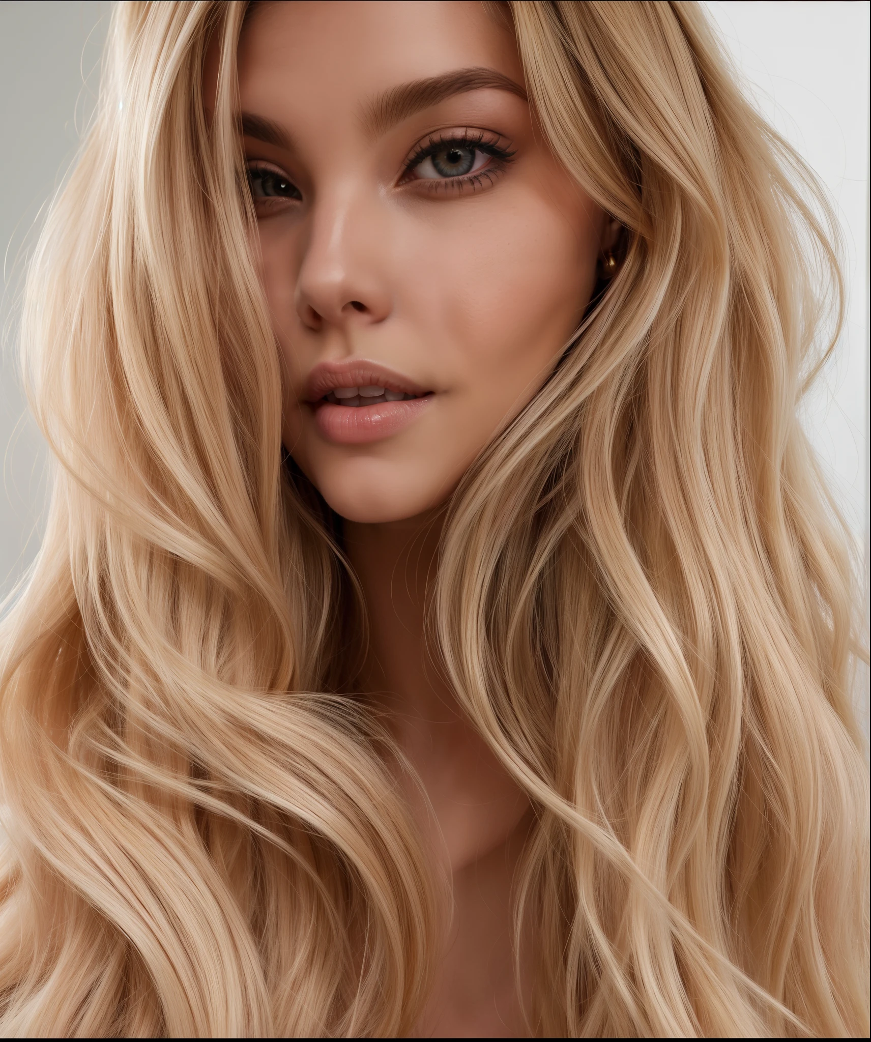 a close-up of a woman with long blonde hair and pink lips, Alana Fletcher, morena com cabelos tingidos de loiro, Uma garota com cabelo loiro, por Emma Andijewska, beleza de cair o queixo, Dasha Taran, Angie Glock, por Anna Haifisch, com longos cabelos loiros, lindo cabelo loiro, cabelo loiro grande, beleza de cair o queixo