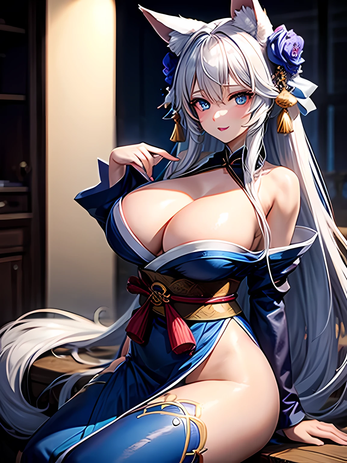 1 girl, long silver hair, fox ears, blue eyes,huge breasts, wearing erotic kimono, nine fox tails,thicc thighs, absurdes, high res, ultra sharp, 4k, masterpiece, looking at viewer