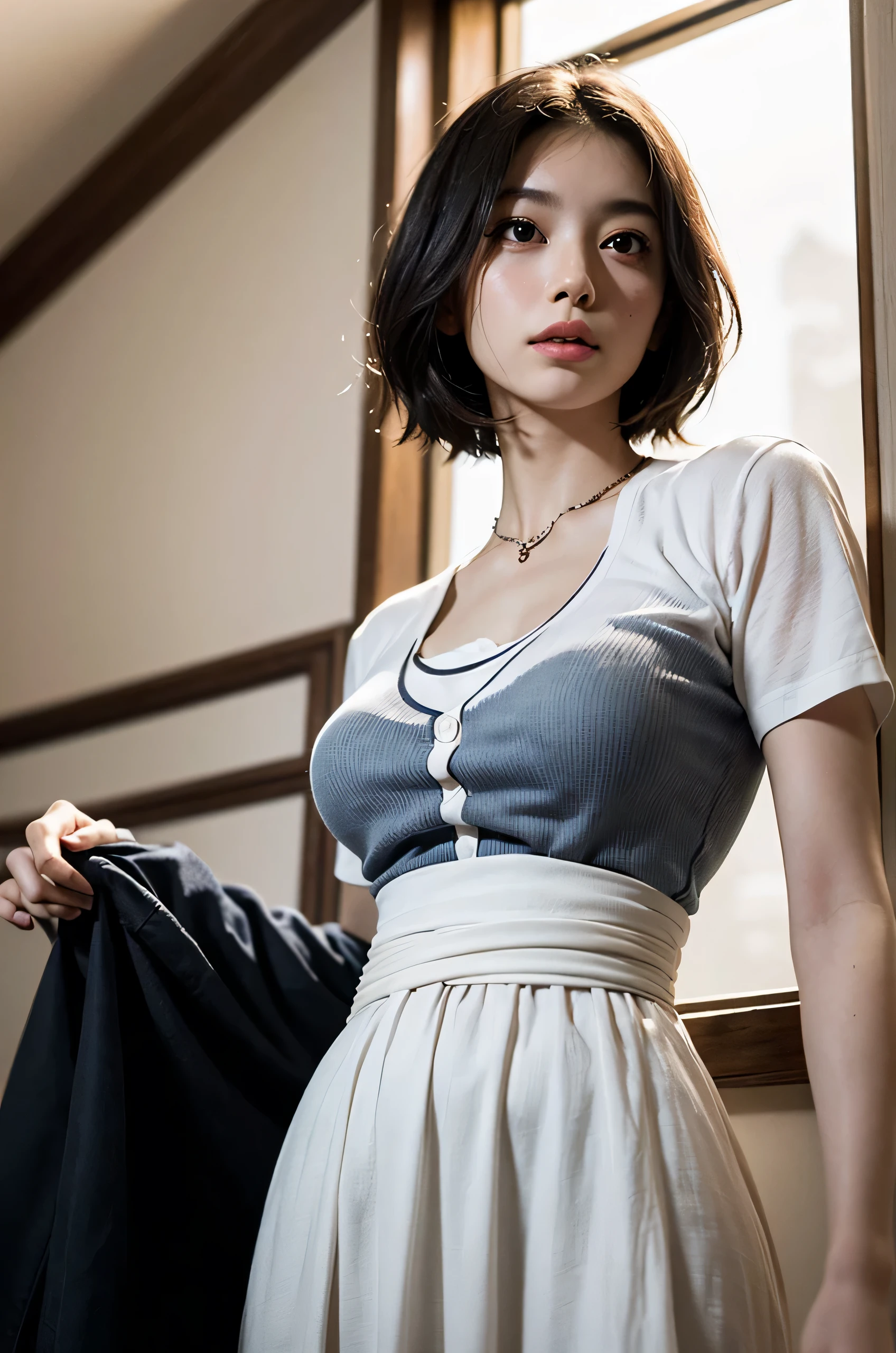 highest quality, masterpiece, (realistic:1.4), 1 Japanese girl, light smile, (white collared shirt), (Upper body, dramatic lighting, from below:1.4), (short hair), (Beautiful symmetrical eyes, clear & Big eyes:1.4), Staring at us, (big breasts:1.4, firm chest:1.2), (well-proportioned face, droopy eyes, thin lips, The bridge of the nose is clearly visible), (Fair skin, fine-textured skin)