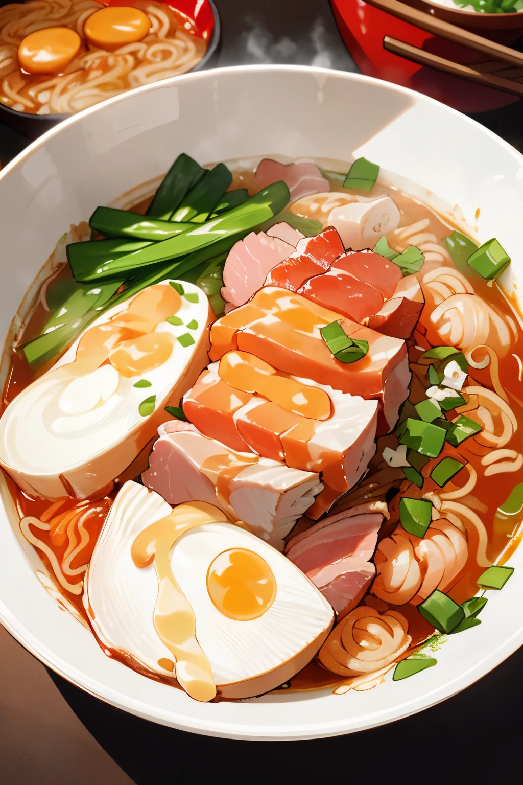 A beautifully presented bowl of steaming ramen, adorned with perfectly cooked noodles swimming in a rich and flavorful broth, tender slices of melt-in-your-mouth pork belly, crisp vegetables adding a delightful crunch, and a touch of fresh scallions, creating an unforgettable gastronomic experience.