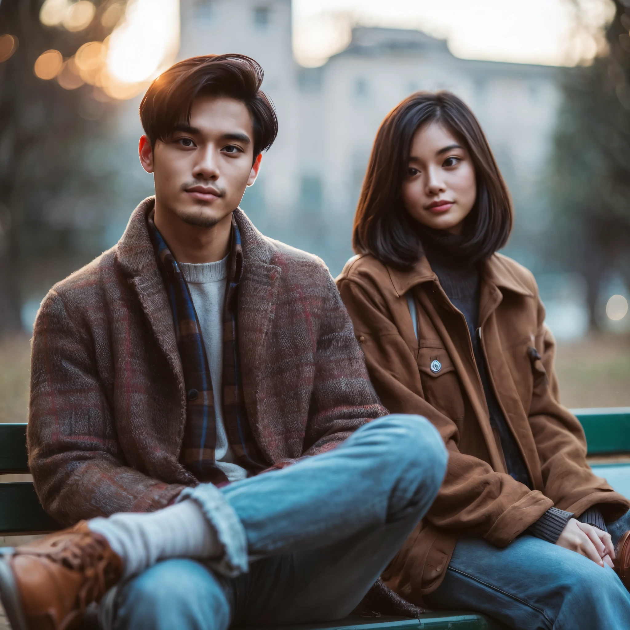 a 25 year old Indonesian man short straight hair wearing a "peacot jacket" outfit, jeans and boat shoes, sitting has back on park bench with an 25 year old indonesian woman Beautiful with long haircut in a boyfriend bob cut, winter in italy,bokeh backgroud. face looking at the camera