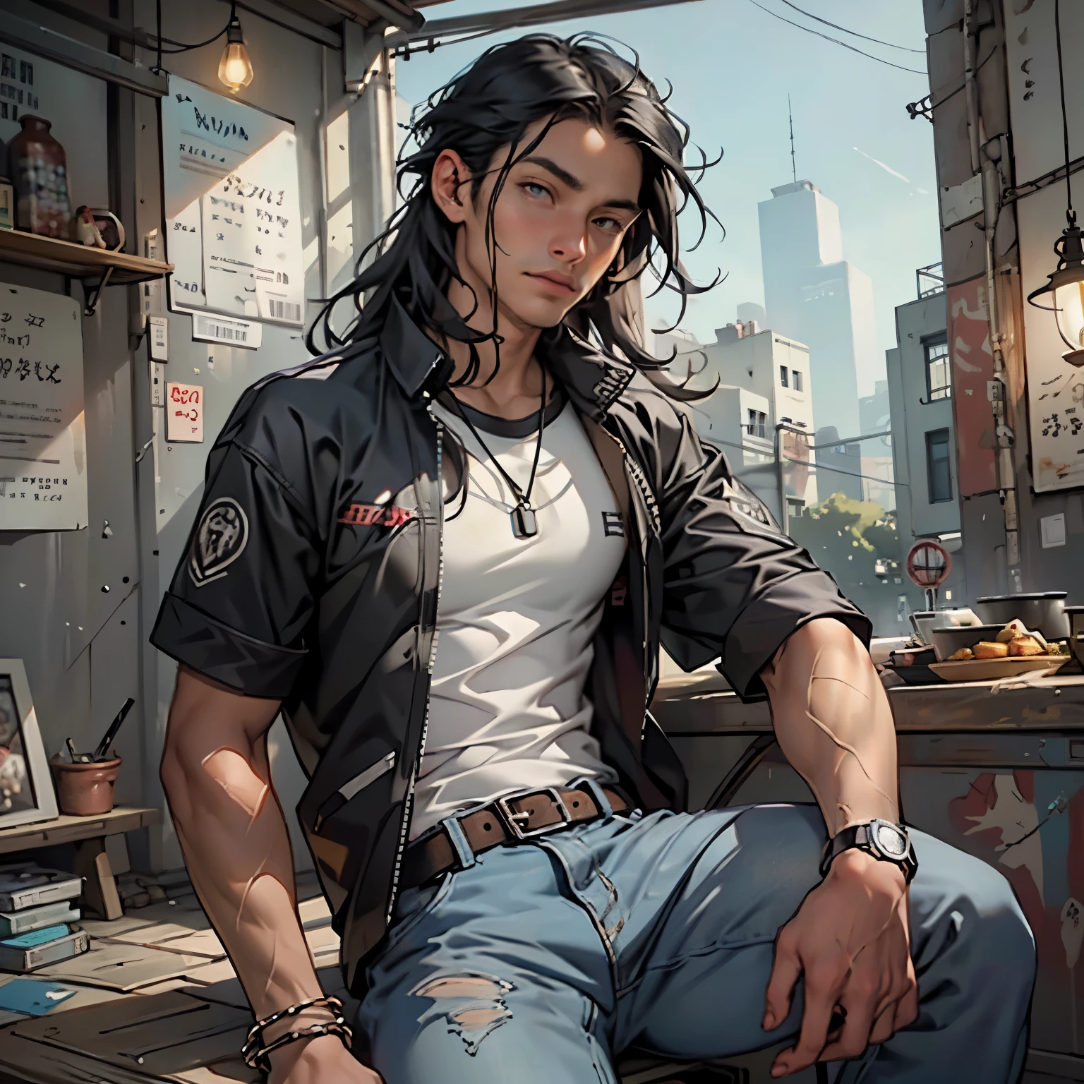 City street-metropolis. ung man crouched, modern, . masterpiece, Best quality (surrealism: 1.3), Excellent, quality, (masterpiece: 1.2), (realism: 1.2), (Best quality), (skin detail: 1.3), sunny day, 1 yoman. Long black hair, young, modern clothes, sat down next to him. (Regular T-shirt, slender, strong body, sinewy arms, broad shoulders, tight trousers, arms decorated with belts, bracelets). (interior - room, lamp light). ((expressive eyes)), brown eyes, black hair. Modern Clothing (surrealism: 1.3), Excellent, high quality, Modern Clothing. Hand-drawn realism.