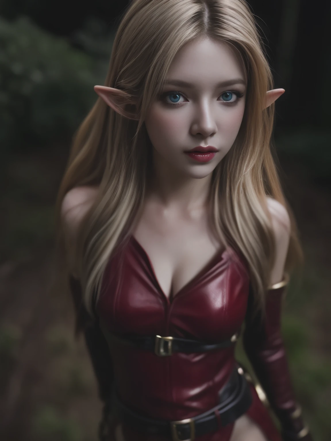 Analog photo, (Best quality:1.4), (ultra detailed:1.4), full body shot of pale blonde woman, intense red eyes, elf ranger, black spiked outfit, demonic, hell, living dead, cute sexy, (detailed face, detailed eyes), (Photorealistic:1.4), (film grain, depth of field)