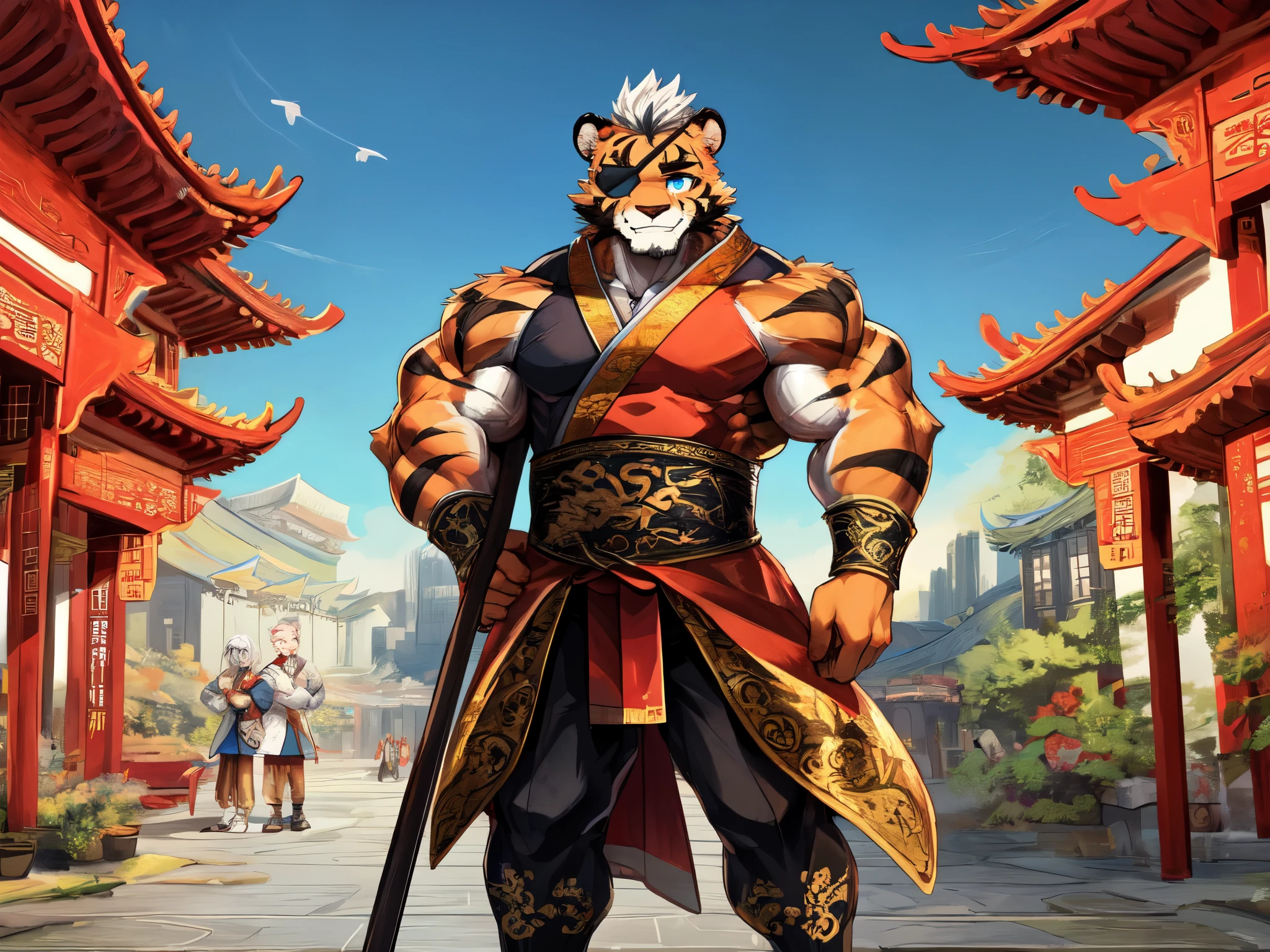 ChenHu, solo, tiger, (light orange fur), blue eyes, (white hair, short hair), (black eye patch, cover one eye, cover right eye), (detailed face, detailed eyes, detailed), mature male, muscular male, masterpiece, best quality,  standing, city, chinese, chinese clothes, standing, hypermuscle