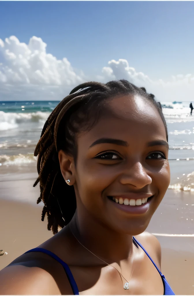 Photo RAW en séquence, une image d&#39;une jeune fille noire de 19 ans du Kenya, ((selfie du haut du corps, souriant)) en passant par une plage, imERSa, wavy hair, Detailed brown eyes, Detailed and slightly blurred backgrounds, natural lights, HDR, photo realistic, photo professionnelle, flirter avec le spectateur, seductive look, Photorealistic, Linda, trombe, 8k UHD, High quality, grain filmique, fujiphile