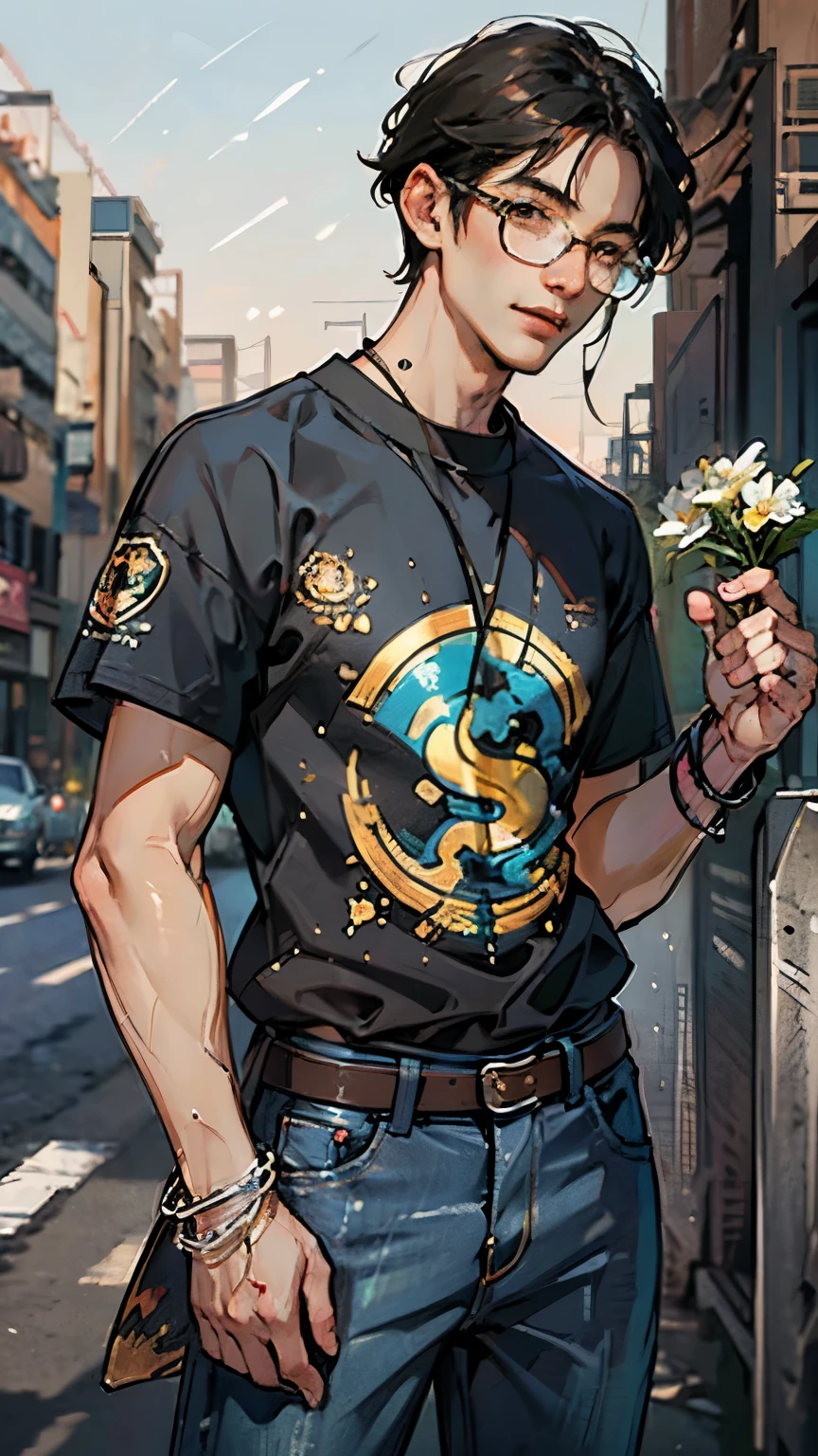 City street-metropolis. (1 young man - black glasses, smiling). ( date). (open torso - cool sports jersey - modern). masterpiece, Best quality (surrealism: 1.3), Excellent, quality, (masterpiece: 1.2), (realism: 1.2), (Best quality), (skin detail: 1.3), Sunny day, 1 young man. Long black hair, young, modern, standing at a crossroads, leaning against a pole, holding a bouquet of flowers (date). (Open T-shirt, Lean torso, slim, strong body, wiry arms, broad shoulders, cool wide denim belt, arms decorated with belts, bracelets). ((expressive eyes)), brown eyes, black hair. modern clothes (surrealism: 1.3), Excellent, high quality. Hand-drawn realism.