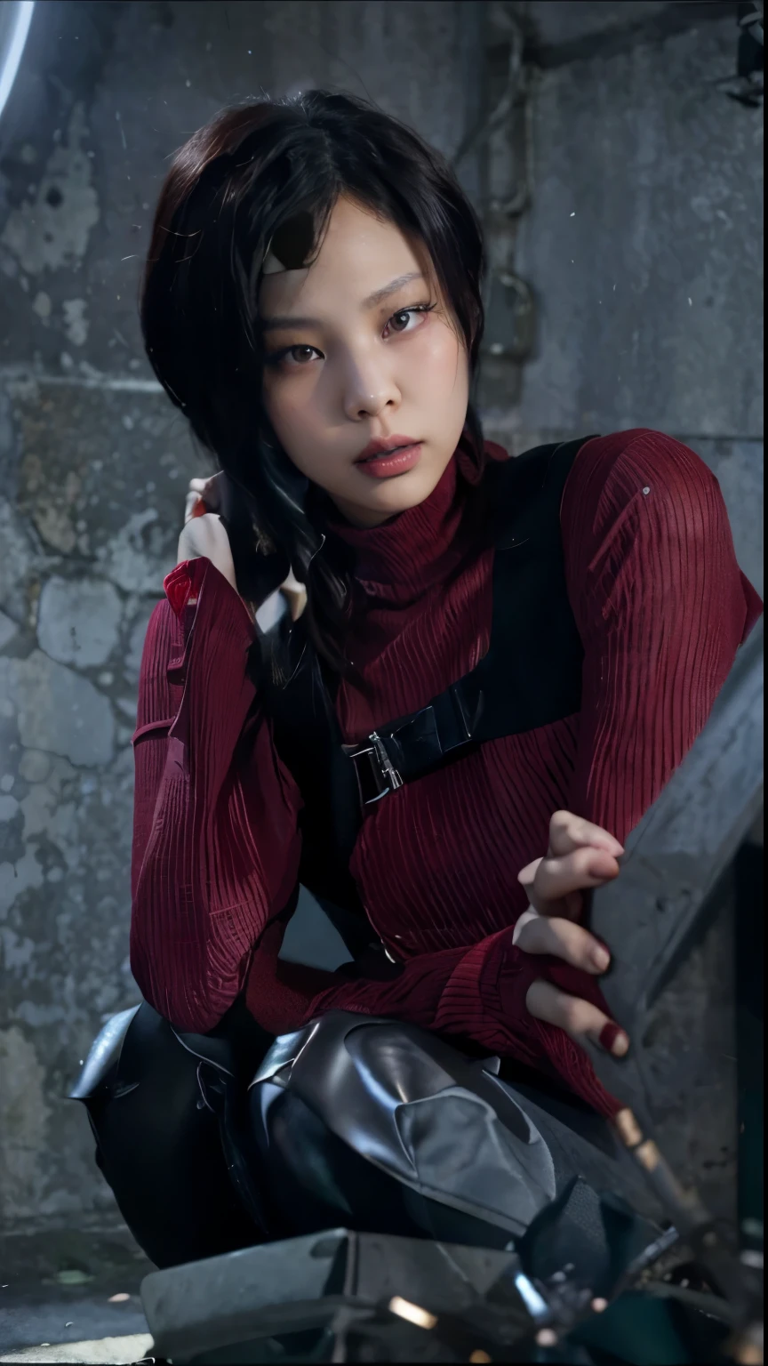 Jennie kim as Ada Wong from resident evil 4, realistic style, with a red dress, short black hair, green eyes