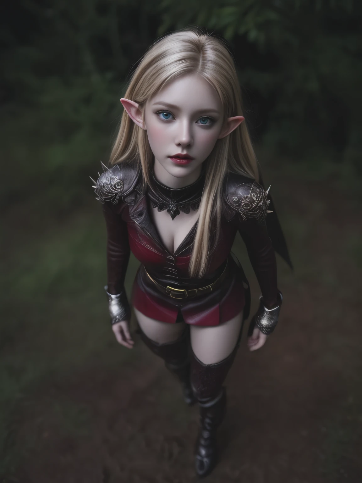 analog photo, (Best quality:1.4), (ultra detailed:1.4), Full length photo of a pale blonde woman, Intense red eyes, elf ranger, black suit with spikes, demonic, From, living dead, Cute sexy, (detailed face, detailed eyes), (Photorealistic:1.4), (granularity, depth of field)