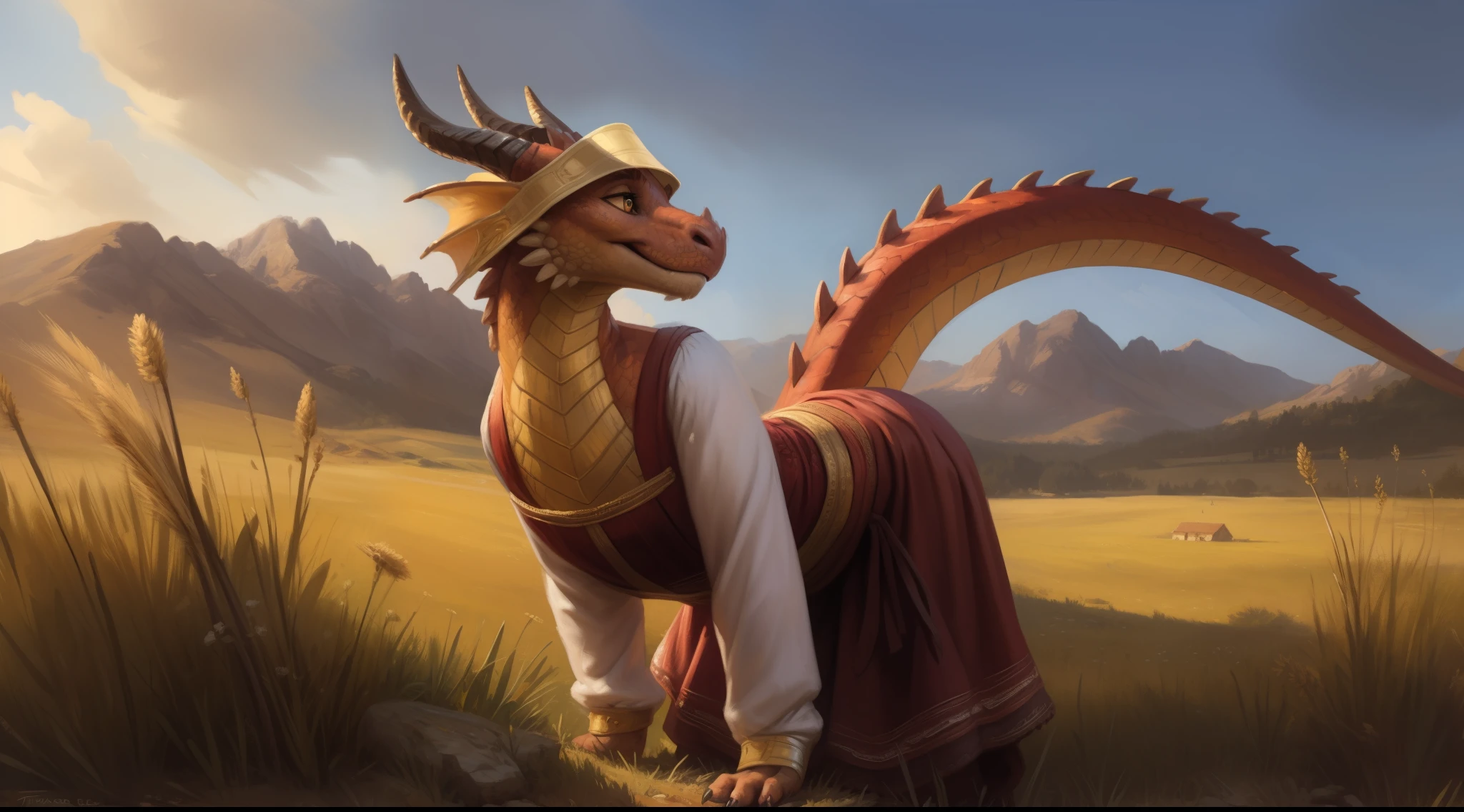 (by taran fiddler, by Kenket), by the-minuscule-task, by zummeng), (anthro dragon, furry, woman, antrum, extremely detailed, extremely detailed legs, extremely detailed arms, extremely detailed face, perfectly detailed eyes, perfectly detailed anatomy), solo, perspective, adult, mature body, curvy, feminine face, big eyes, golden eyes, (single tail), (dragon horns, dragon scales, dragon muzzle, small dragon nose), smooth scales, detailed gold scales, shiny golden scales, gold skin, looking up confused, standing, bending over, sickle, full body shot, painterly, traditional style, depth of field, cutting wheat in a field, harvesting, Austrian dress, black apron, woven sun visor, long sleeves, white sleeves, puffy sleeves, wide belt, skinny waist, peasant dress, medieval, fantasy, overexposed sunlight