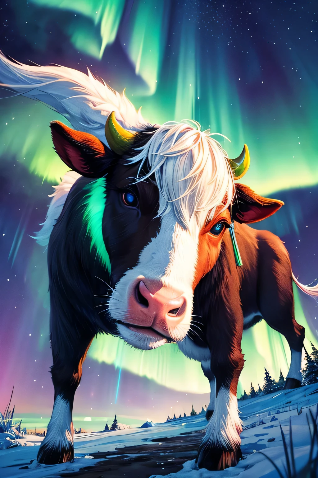 Northern lights, cow