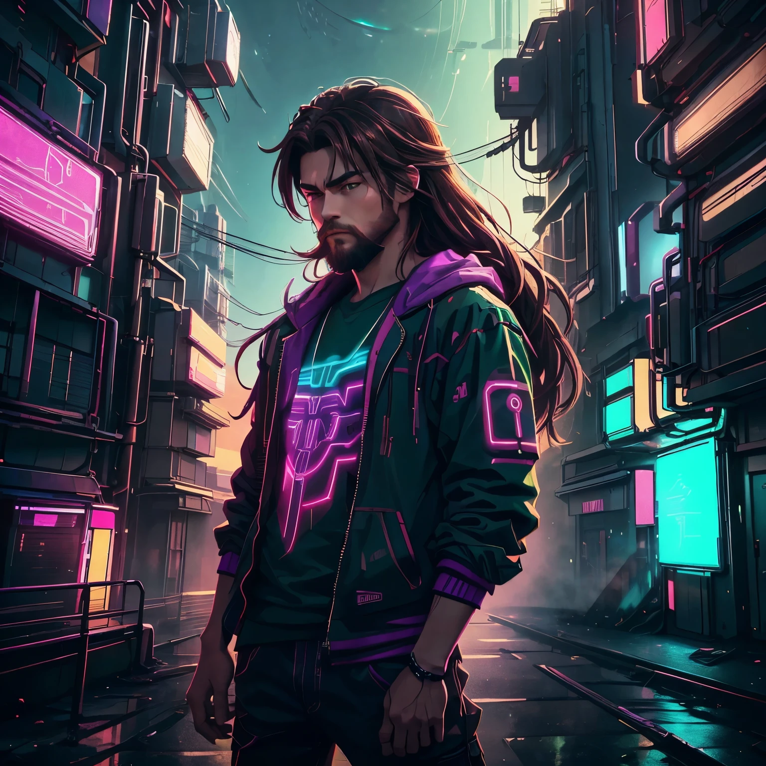 Character half aloof, Male, Boy, 17 years, Medium beard, Red-brown hair, Green eyes, long hair, tranquility. wise, background with neon purple graffiti, Utopian City, surrealism, minimalism, expressionism, anime style, falling shadow, granularity, vignetting, Silhouette, 1080p, anatomically correct