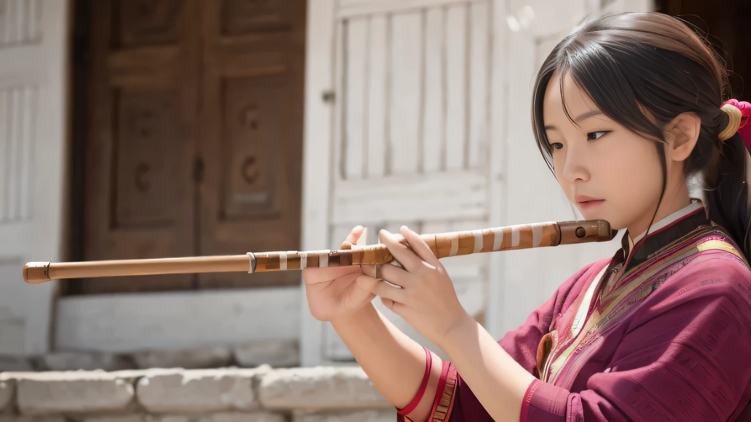 Tibetan woman playing the flute