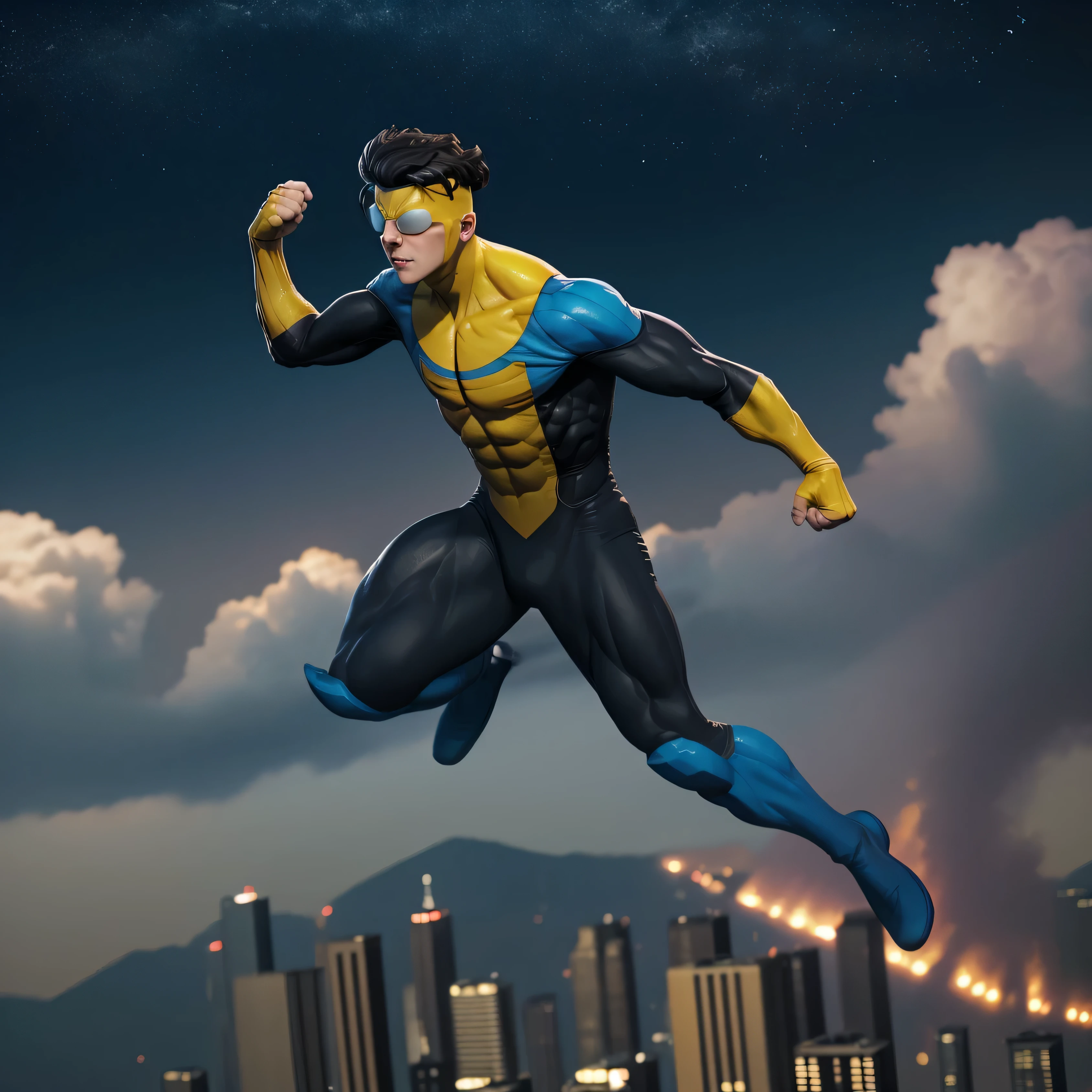 Invincible2023, photorealistic, 8k, uhd, best quality, masterpiece, best quality, 1boy, 5 fingers, cinematic lighting, raw image, trending on arstation, vibrant colors, goggles, full body, hovering above city, blurred background, hero, depth of field, flying, mid flight, cinematic lighting