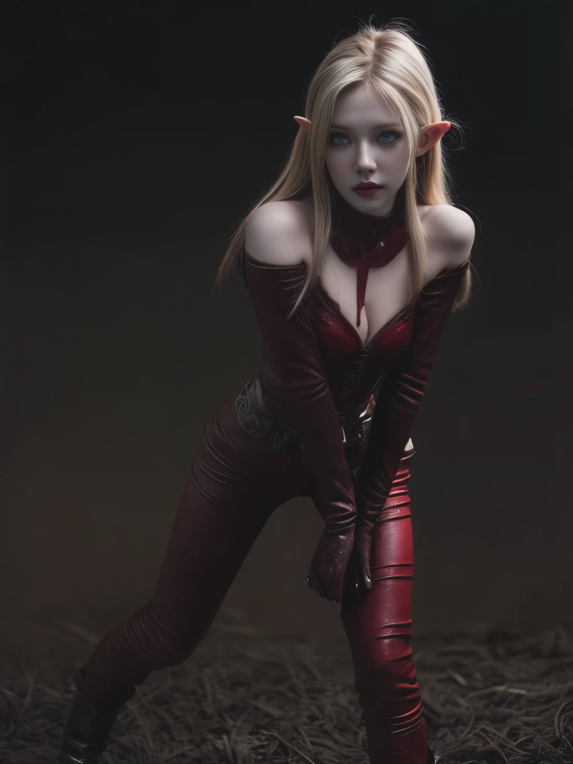 Analog photo, (Best quality:1.4), (ultra detailed:1.4), full body shot of pale blonde woman, intense red eyes, elf ranger, black spiked outfit, demonic, hell, living dead, cute ????, (detailed face, detailed eyes), (Photorealistic:1.4), (film grain, depth of field)