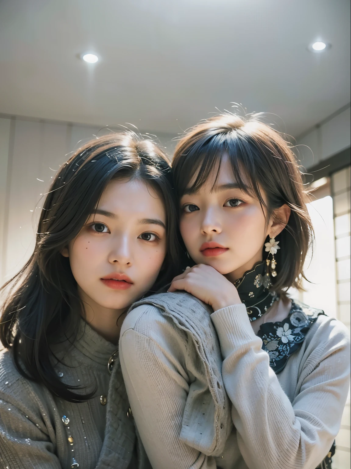 (Best quality, 8k, 32k, Masterpiece, UHD:1.2) "Generate a captivating artwork featuring a young Japanese girl model with short, sleek black hair styled in a chic bob haircut. Envision her bathed in dramatic cinematic lighting, creating an atmosphere of allure and mystery. Emphasize a romantic aesthetic vibe, showcasing the model in a poised and elegant pose that evokes a sense of intimacy and sophistication. Utilize warm and soft tones to enhance the romantic ambiance, and consider incorporating elements like flowing fabrics or flowers to add a touch of ethereal beauty. Capture the essence of romance and beauty through the model's expression, the play of light and shadows, and the overall aesthetic, creating a visually compelling and emotionally resonant piece." (perfect eyes), flawless skin, flawless face, cinematic, tight body, ((well-proportion female hands)), ((female hands with five digits)) ((Body is well proportioned)), ((chic bob haircut)), lingerie,