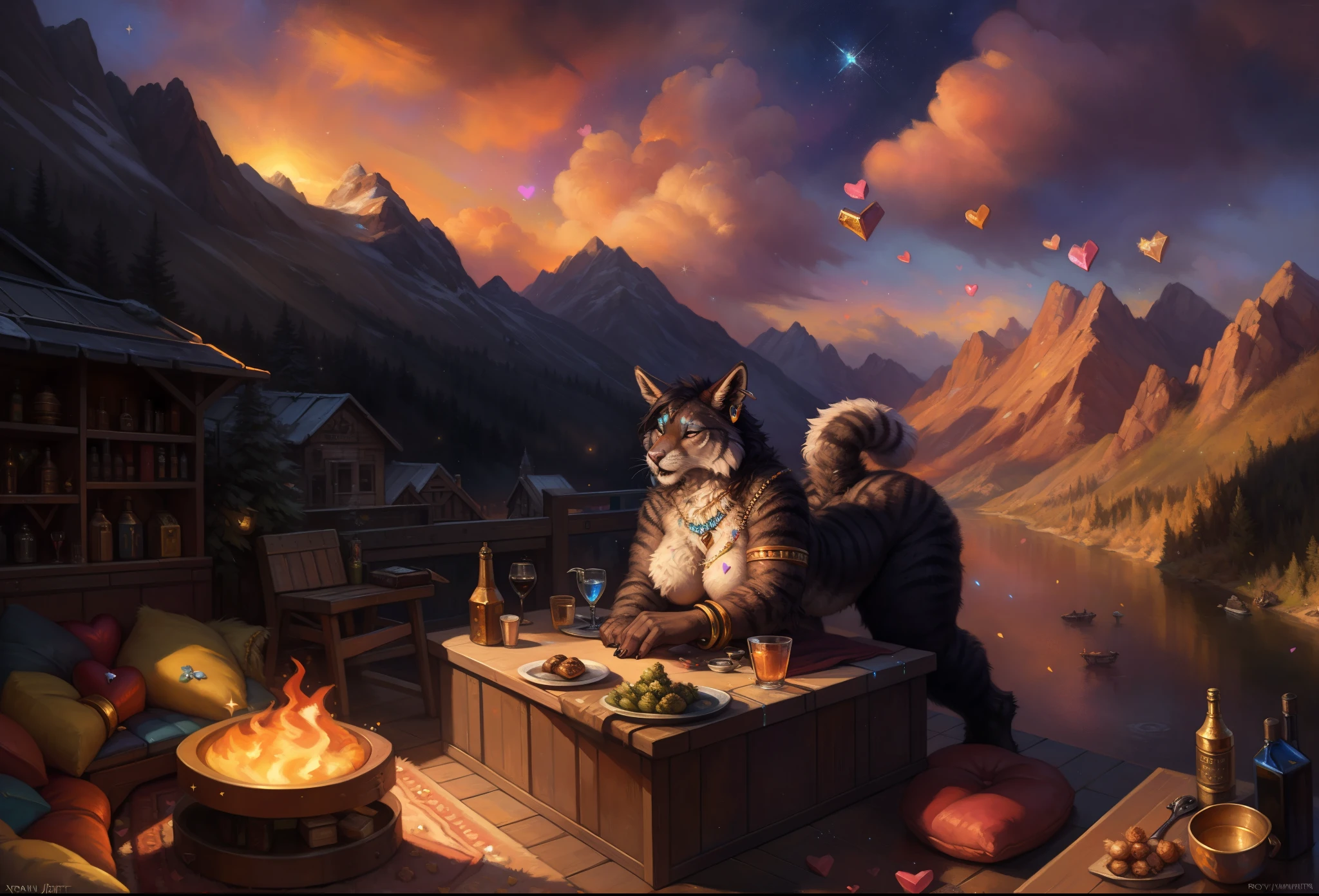 (absurd res), ((ultra high resolution)), (((masterpiece quality))), ((isometric view)), ((breathtaking painstakingly detailed background)), ((impressive lighting)), ((sunset clouds)), ((floating hearts)), ((sparkles)), confetti, sunlight, ⫷|⫸ foxovh, sligarthetiger, cumbread, gammainks, seibear, lollipopcon, dizzyknight, greasymojo, xpray, roly, honovy, taran fiddler, kenket, riendonut, Bayard Wu, Thomas Benjamin Kennington, Duase, ⫷|⫸, jewelry, necklace, bracelet, earring, body accessory, ear accessory, arm accessory, neck accessory, (feet accessory), ⫷|⫸ (fuzzy furry body:1.6), (tall body), ((fur pattern)), ((exotic mammal)), (raised tail), slightly chubby anthro, (stunningly beautiful legs), (detailed face), long earature anthro:1.6), (lesbian sex:1.5)