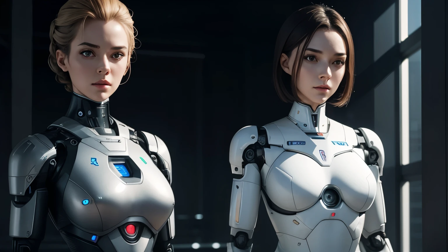 Two female androids with robotic parts and exposed