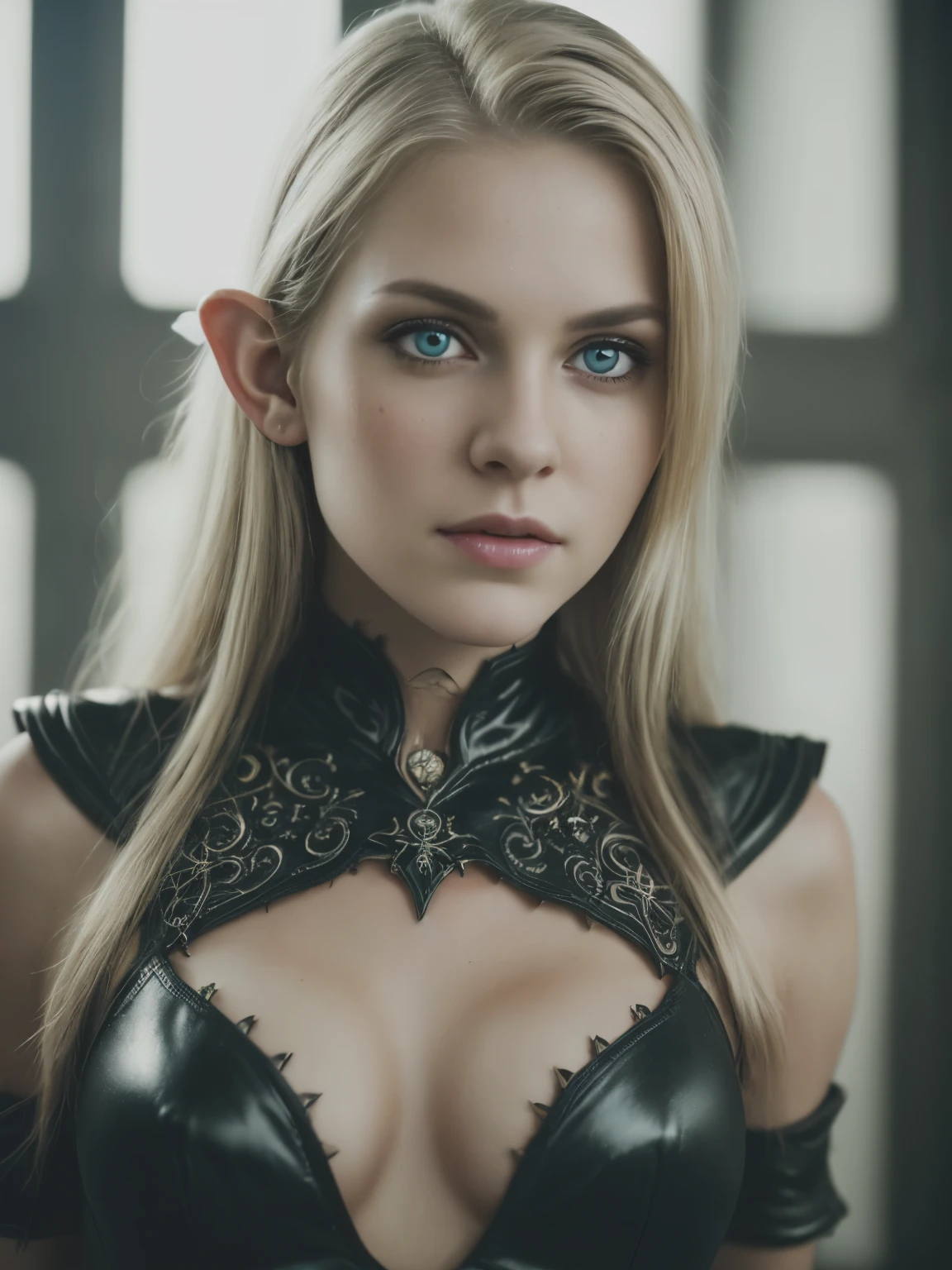 Analog photo, (Best quality:1.4), (ultra detailed:1.4), full body shot of pale blonde woman, intense red eyes, elf ranger, black spiked outfit, demonic, hell, living dead, cute sexy, (detailed face, detailed eyes), (Photorealistic:1.4), (film grain, depth of field)