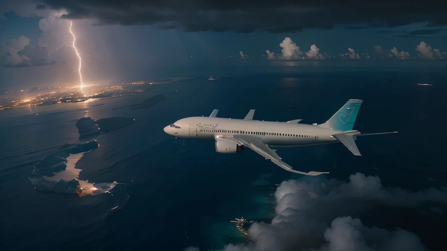 image of an airplane flying over the Bermuda Triangle region with lightning in the sky and a mythical being like a mermaid with a trident in her hand