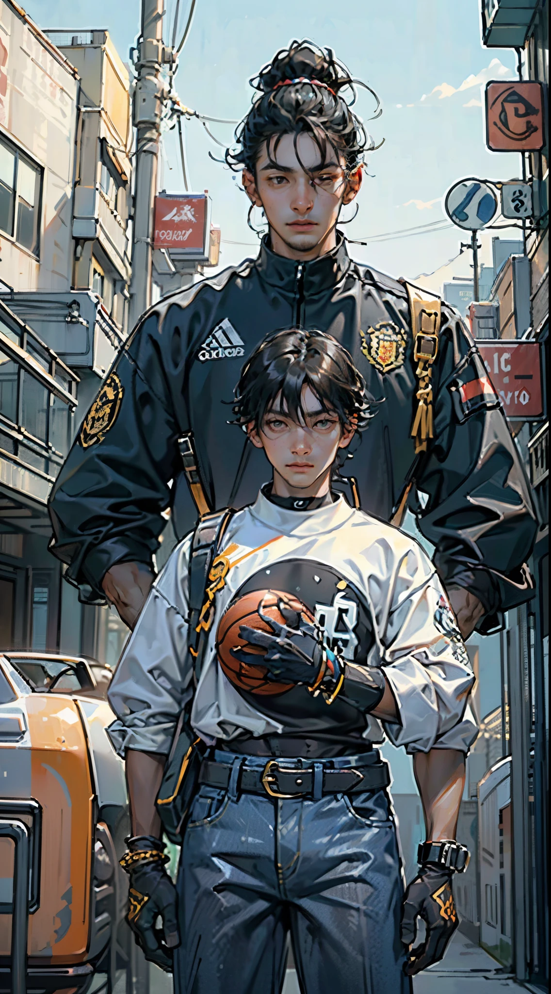 City street-metropolis. (1 young man, self-confident). (cool sports jersey - modern). masterpiece, Best quality (surrealism: 1.3), Excellent, quality, (masterpiece: 1.2), (realism: 1.2), (Best quality), (skin detail: 1.3), Sunny day, 1 young man. Long black hair, young, modern, standing at a crossroads, leaning against a pole, holding a bouquet of flowers,
(date) . (Open basketball jersey, toned torso, slim, strong body, sinewy arms, broad shoulders, cool wide denim belt, arms decorated with belts, bracelets). ((expressive eyes)), brown eyes, black hair. modern clothes (surrealism: 1.3), Excellent, high quality. Hand-drawn realism.