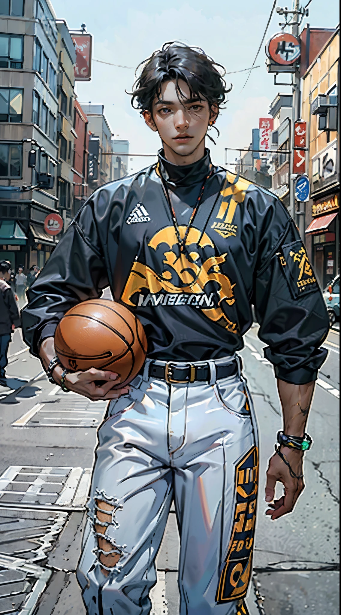 City street-metropolis. (1 young man, self-confident). (cool sports jersey - modern). masterpiece, Best quality (surrealism: 1.3), Excellent, quality, (masterpiece: 1.2), (realism: 1.2), (Best quality), (skin detail: 1.3), Sunny day, 1 young man. Long black hair, young, modern, standing at a crossroads, leaning against a pole, holding a bouquet of flowers,
(date) . (Open basketball jersey, toned torso, slim, strong body, sinewy arms, broad shoulders, cool wide denim belt, arms decorated with belts, bracelets). ((expressive eyes)), brown eyes, black hair. modern clothes (surrealism: 1.3), Excellent, high quality. Hand-drawn realism.