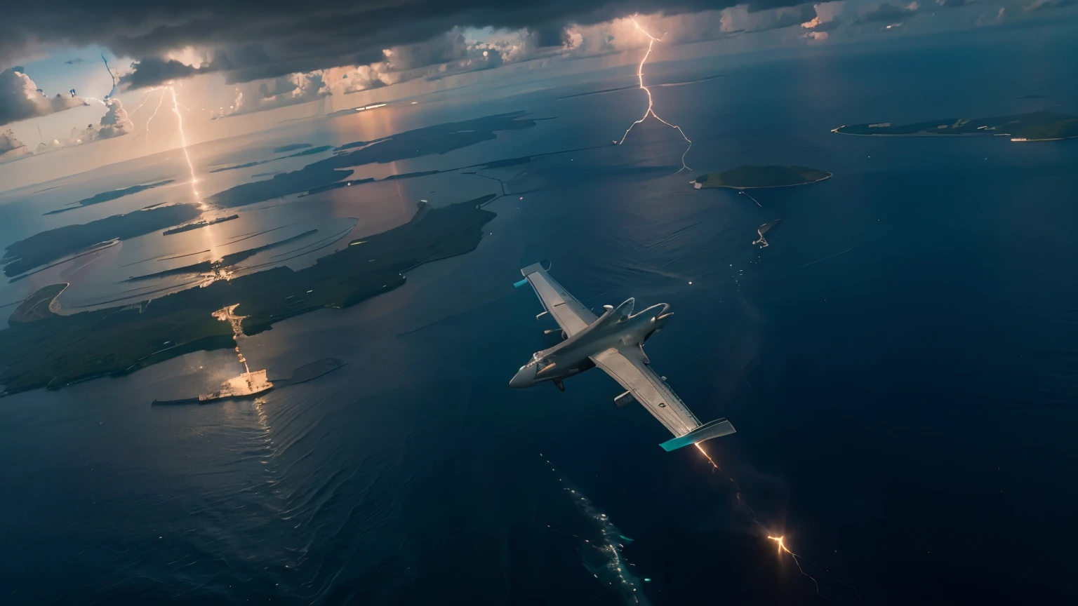 image of an airplane flying over the Bermuda Triangle region with lightning in the sky and a mythical being like a mermaid with a trident in her hand