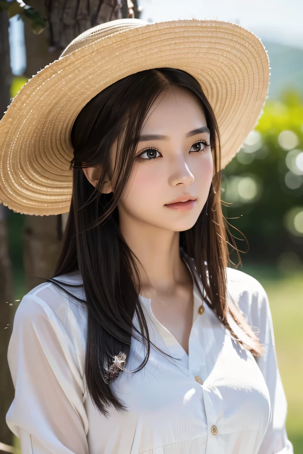 ８ｋ、High resolution、Beautiful women of primitive times、young、white skin,、narrow eyes,high nose,lighting that illuminates the face、clear image、intellectual beauty、skinny、no makeup、The expression you show to your lover,shining hair、single eyelid,、vivid pose、looking at camera、relax on vacation、first inhabited country、Primeval forest、Hunting life、National costume,