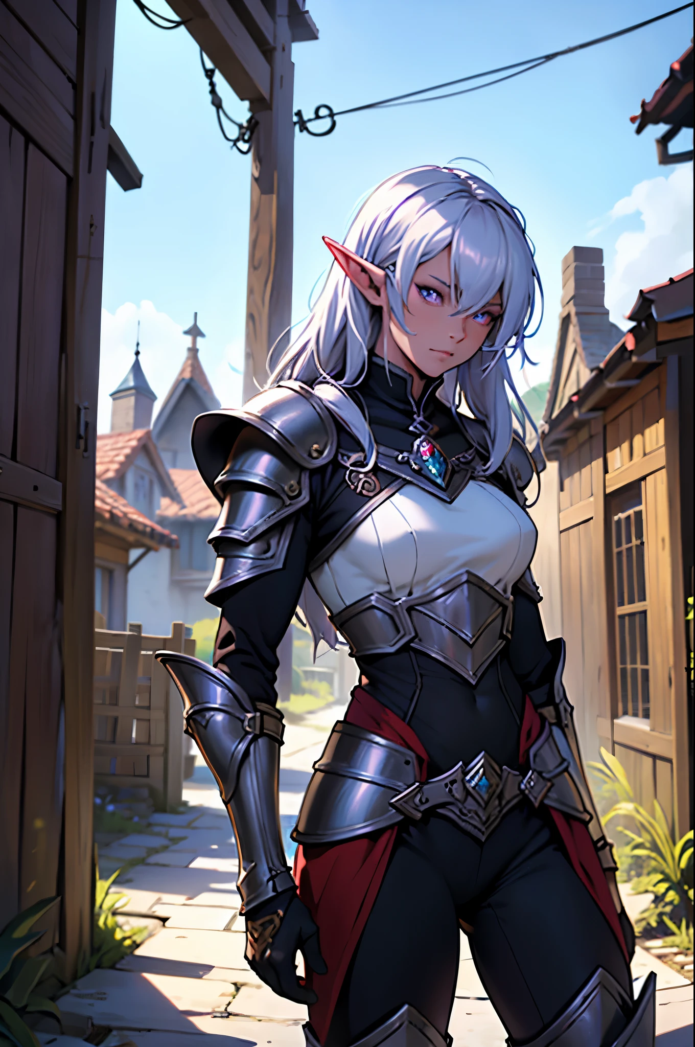 Guard Best Quality, the masterpiece, ultra high resolution, detailed background, realists, solo, drow, elf, interesting armor, black armor, уши elfа, purple skin, Humanoid, heavy armor, Guard's Outfit, Guardian's Attire, Guard, Medieval Guard, Medieval Guard Clothing , Spearman, Chaotic Neutral, , A sense of humor \(subject\),dark fantasy, Nice guy , liar, depth of field, wooden chaotic houses in the background, poor neighborhood in the background