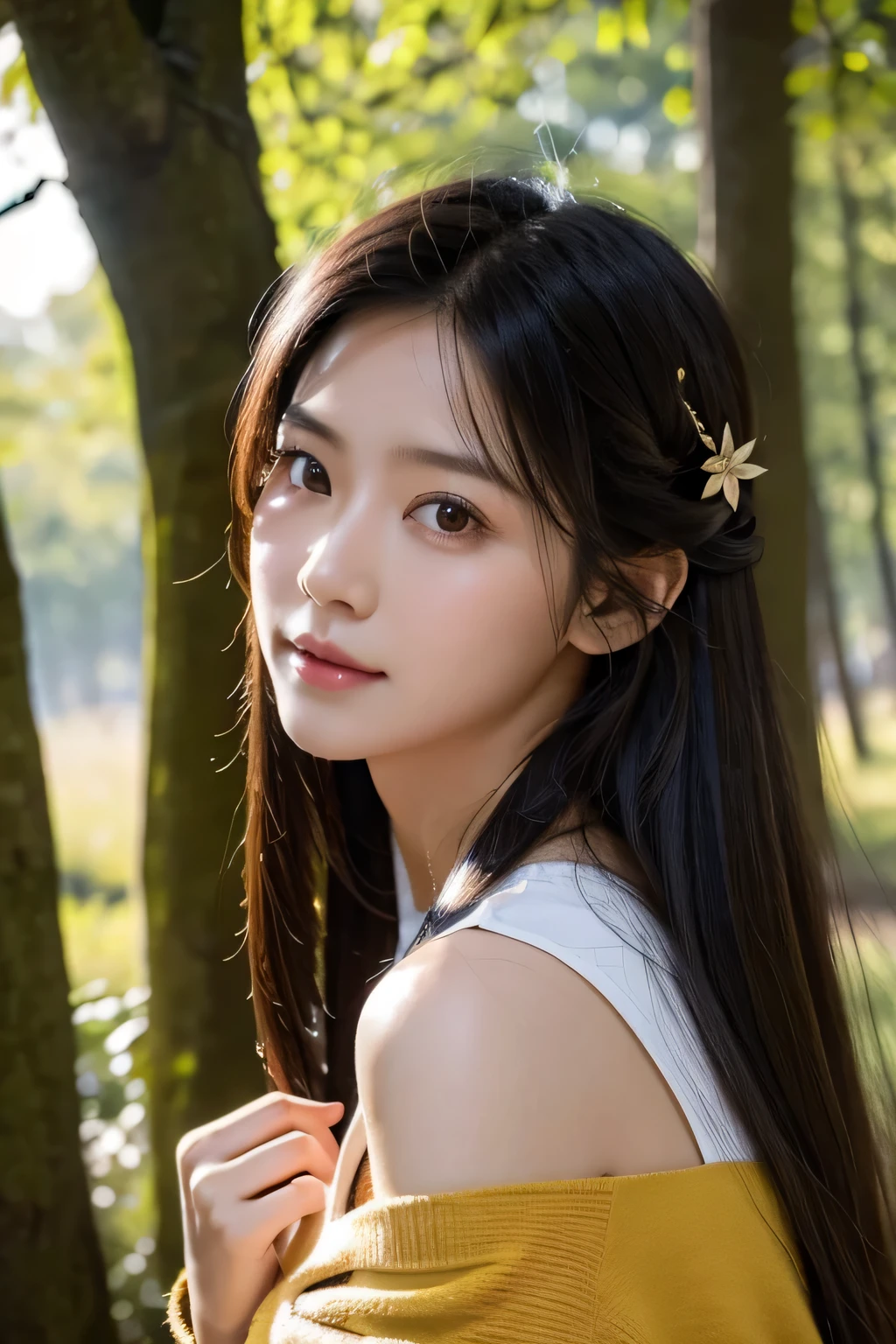 ８ｋ、High resolution、Beautiful women of primitive times、young、white skin,、narrow eyes,high nose,lighting that illuminates the face、clear image、intellectual beauty、skinny、no makeup、The expression you show to your lover,shining hair、single eyelid,、vivid pose、looking at camera、relax on vacation、first inhabited country、Primeval forest、Hunting life、