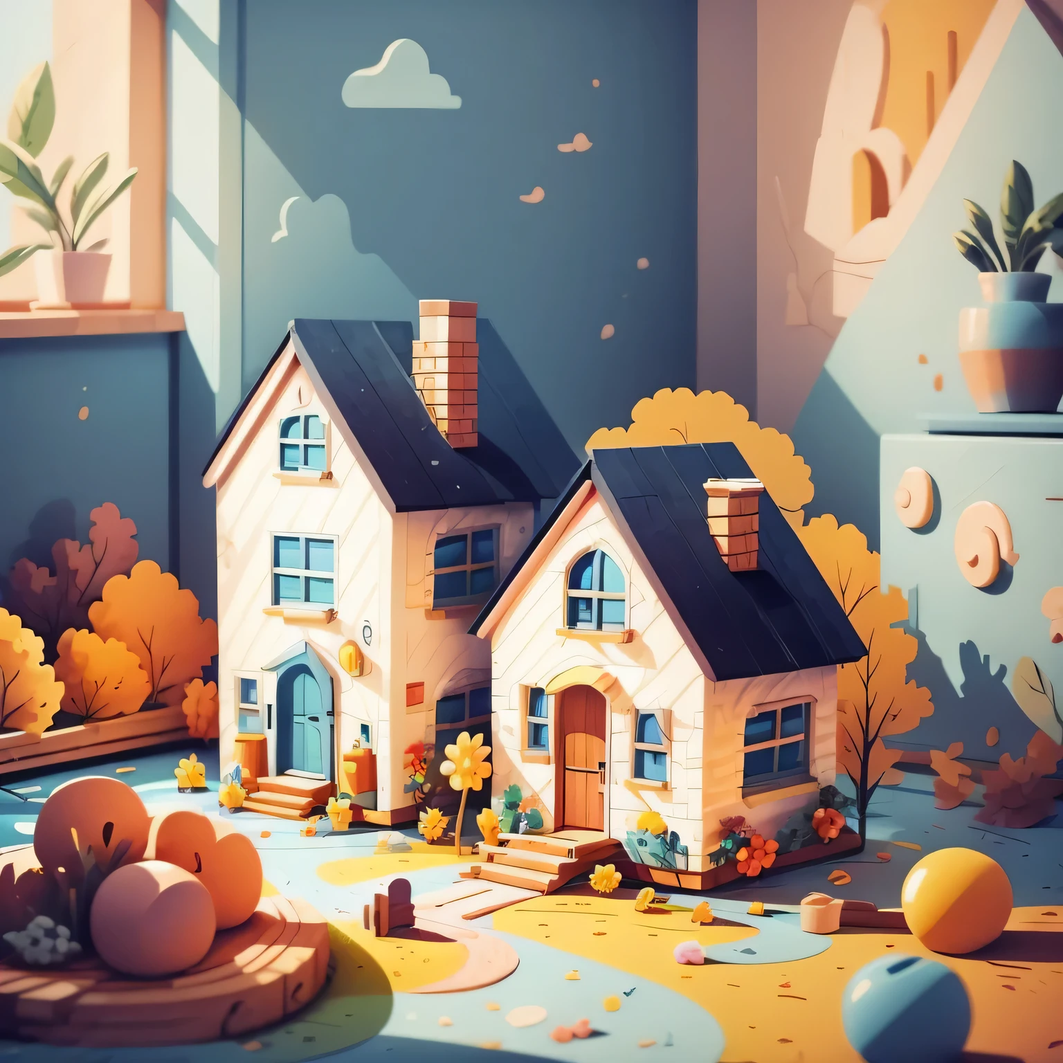 wooden doll house in a childrens room, the house is in vibrant colors, nicely decorated, toys around her on the ground