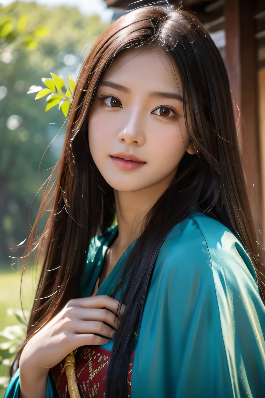 8k、High resolution、Beautiful woman of primitive times、young、white skin,、narrow eyes,high nose,lighting that illuminates the face、clear image、intellectual beauty、skinny、no makeup、The expression you show to your lover,shining hair、single eyelid,、vivid pose、looking at camera、relax on vacation、first inhabited country、Primeval forest、Hunting life、National costume,