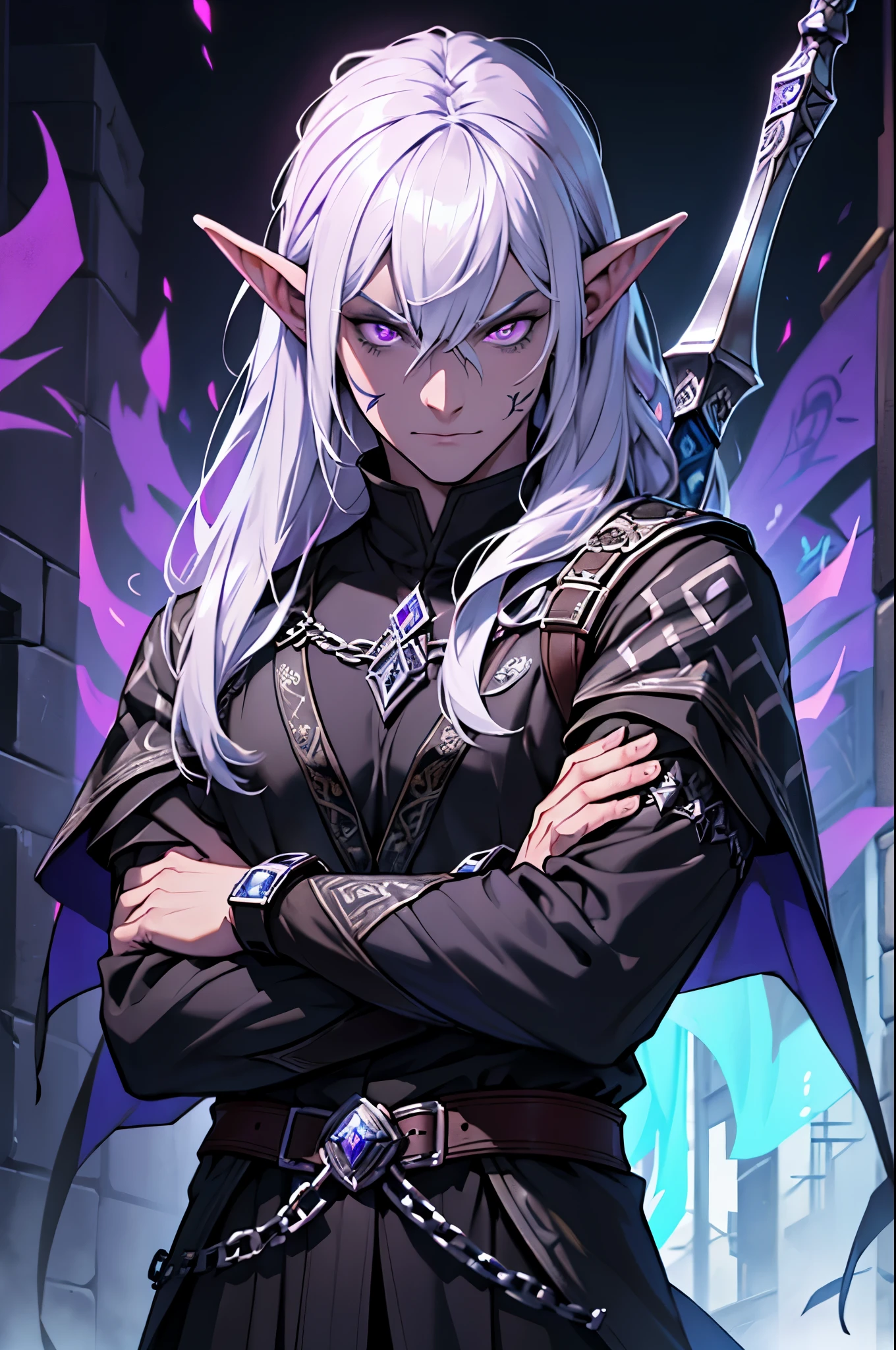 ultra detailed, anime girl, full-body portrait, leather armor, half-elf, raven black fauxhawk hairstyle with shaved sides, heavily freckled face, nose ring, dark red eyeshadow, single slashing scar across left cheek, opal colored eyes, coy smile, faded black and white neck tattoo of a beholder from dungeons & dragons