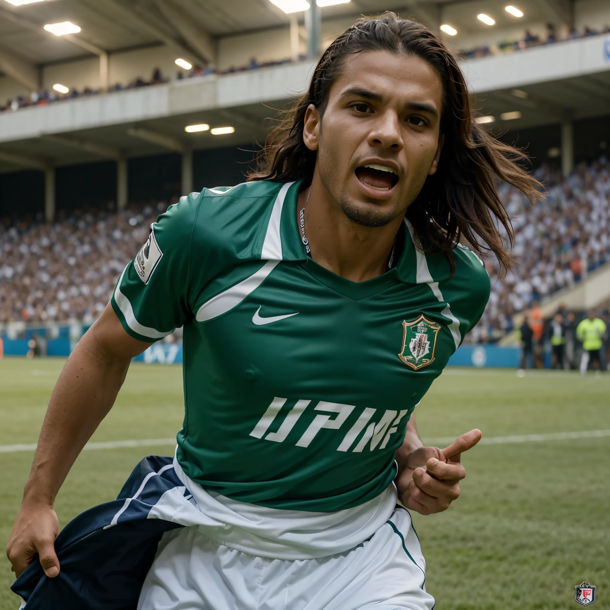 Jogador de futebol focado em fazer gol e inoresionado com a torcida gritando e levantando seu time