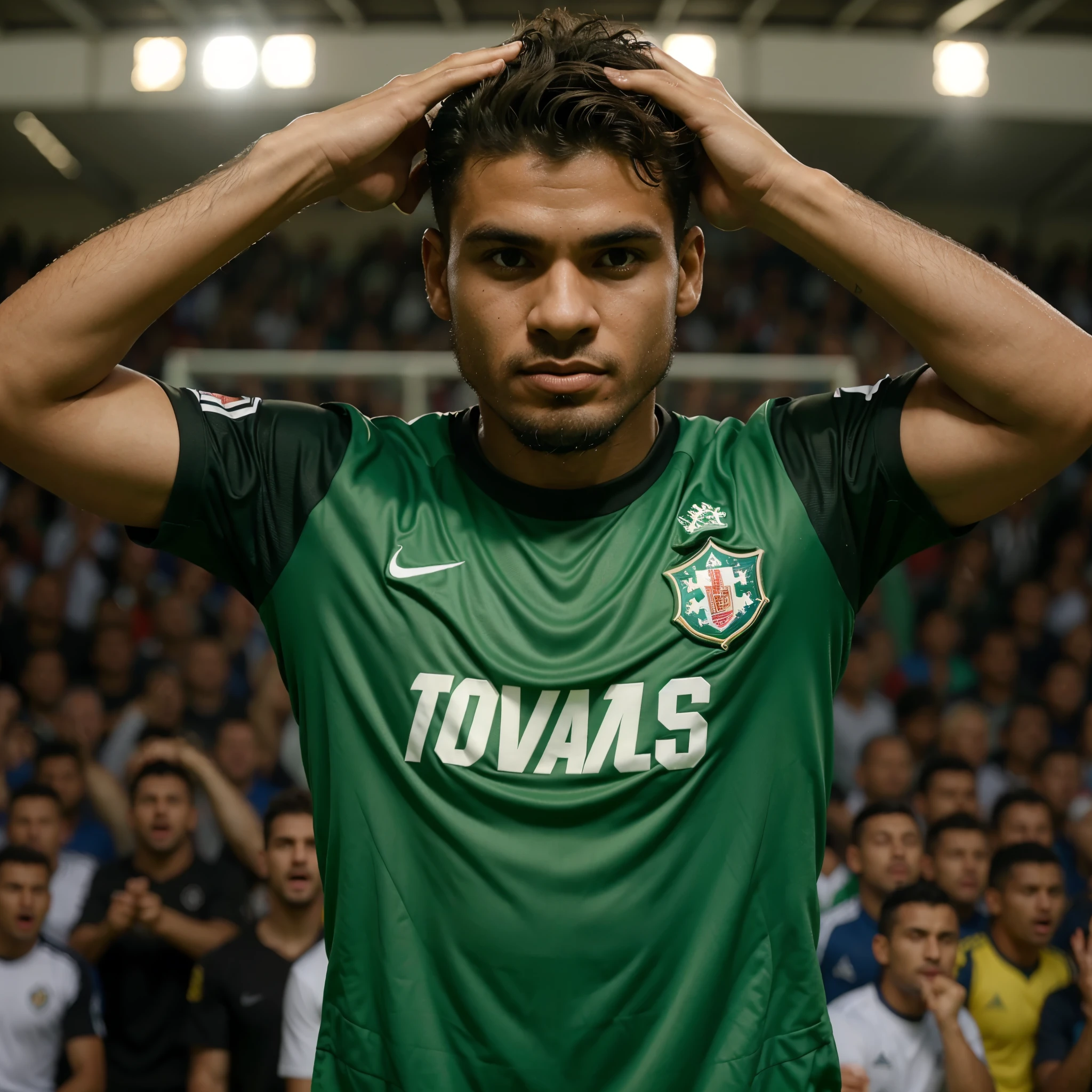 Jogador de futebol focado em fazer gol e inoresionado com a torcida gritando e levantando seu time