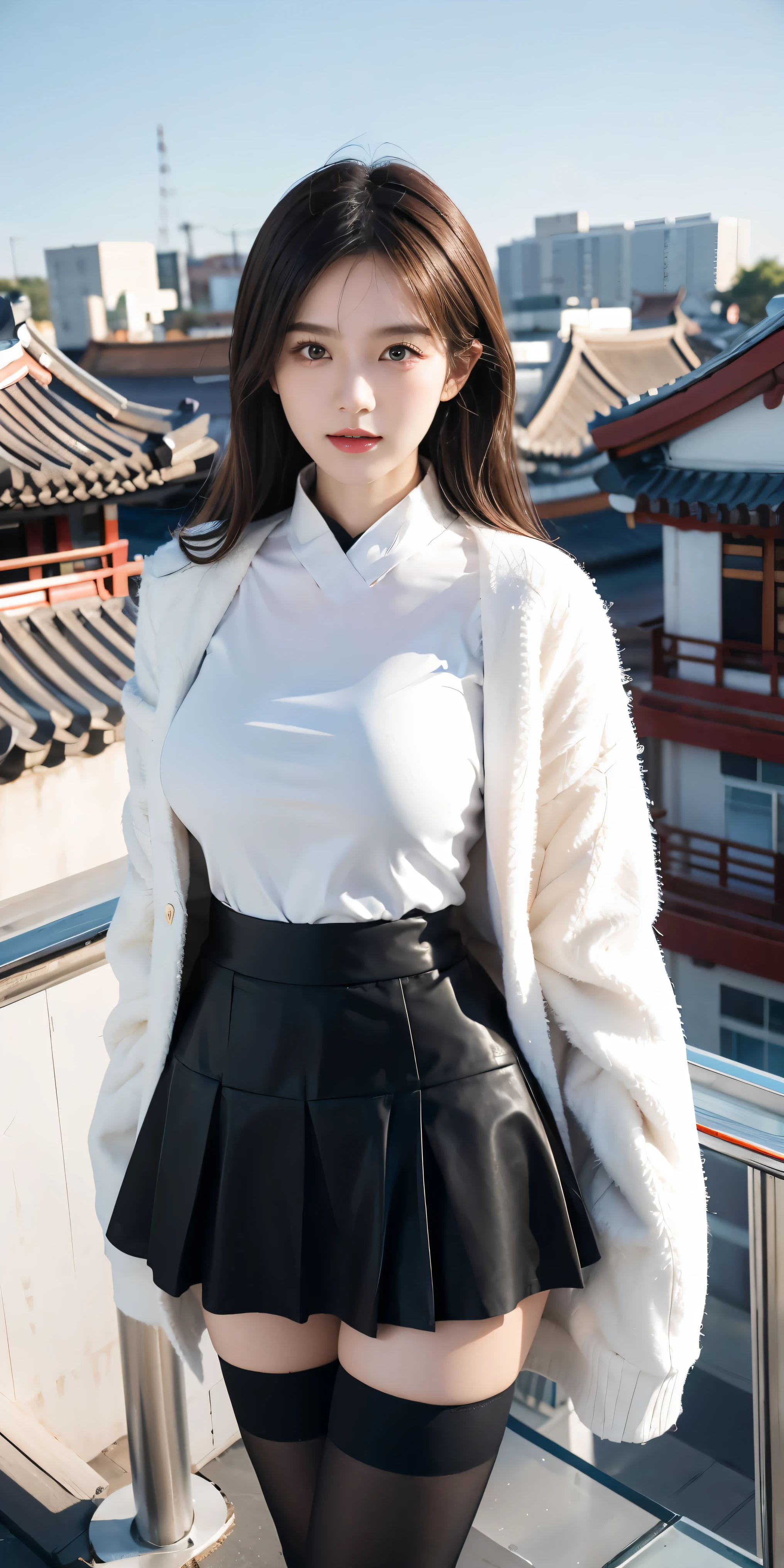 Araf woman wearing white top and black skirt posing for photo, korean girl, stockings and skirt, Asian girl, standing on the roof, korean women's fashion model, standing on the roof, fashion model, Chinese girl, Short skirt and long jacket, tights; on the street, korean woman, pretty face,arms and legs, Wear tight, simple clothes