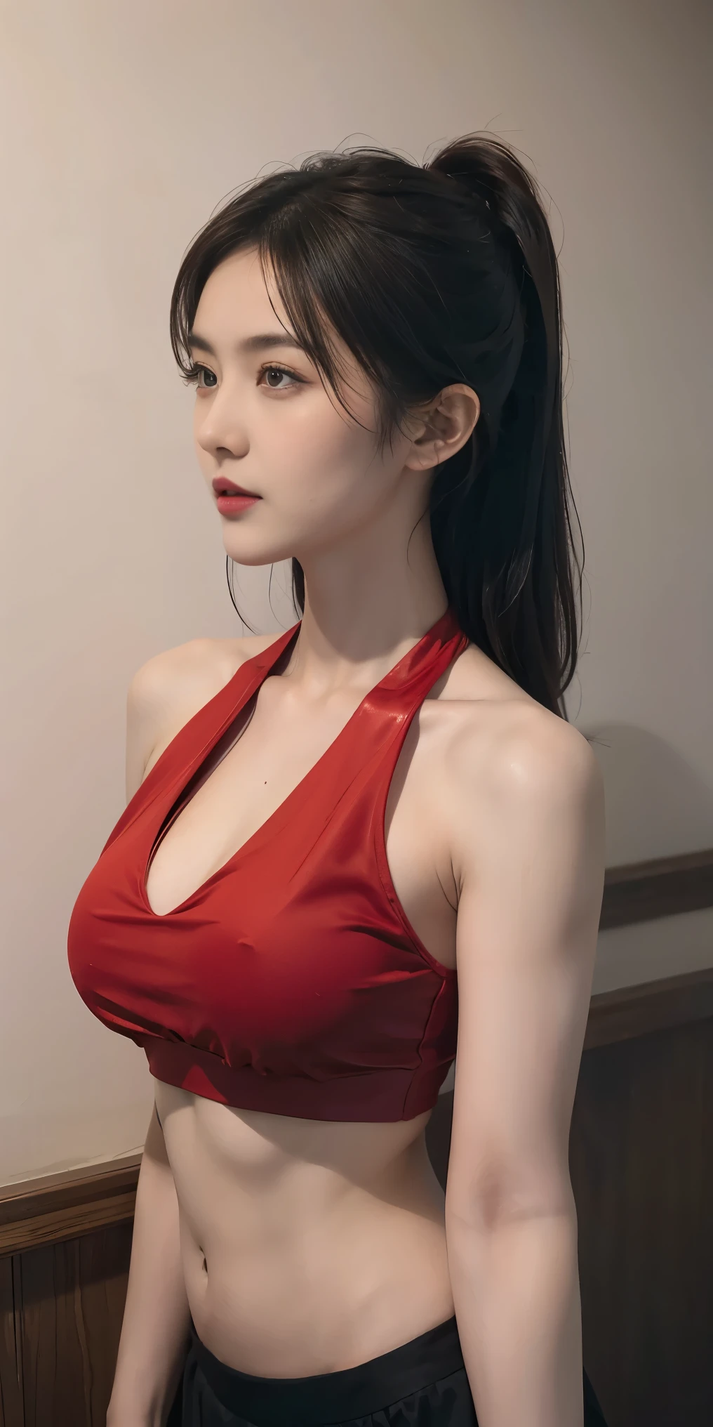 a close up of a woman in a red top and black skirt, wearing red tank top, red bra, halter top, wearing a sexy cropped top, wearing two - piece swimsuit, halter neck, hot with shining sun, crop top, 2 4 year old female model, photo of slim girl model, croptop, halter-top, red tank-top, bright red