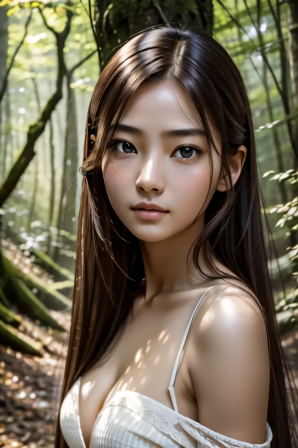 ８ｋ、High resolution、Beautiful woman of primitive times、young、white skin,、narrow eyes,high nose,lighting that illuminates the face、clear image、intellectual beauty、skinny、no makeup、The expression you show to your lover,shining hair、single eyelid,、vivid pose、looking at camera、relax on vacation、first inhabited country、Primeval forest、Hunting life、