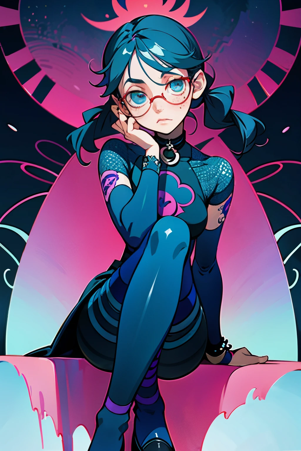 Imagine a high-definition illustration, a captivating scene where an emo-style anime woman is beautifully depicted in a modest sitting pose. Her enigmatic demeanor is accentuated by her long, dark purple pigtails, framing her face that is soft and dotted with intriguing freckles. Her mysterious aura is further emphasized by her stylish glasses perched upon her nose.

Her outfit truly embodies the emo fashion trend, with a tight choker encircling her neck. Her black pantyhose, intricately detailed, are visible, accentuating her legs, which are adorned with distinctive tattoos. The emo essence is further highlighted