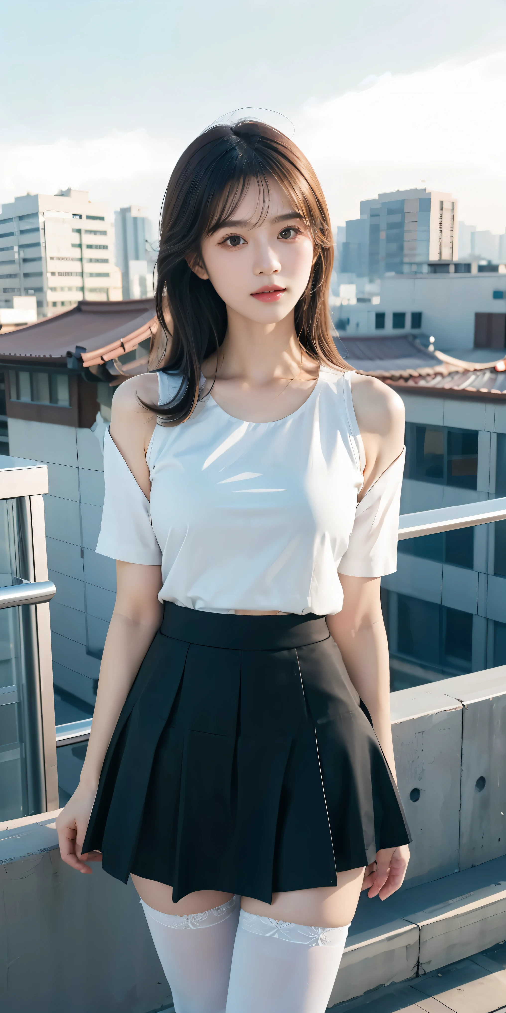 Araf woman wearing white top and black skirt posing for photo, korean girl, stockings and skirt, Asian girl, standing on the roof, korean women's fashion model, standing on the roof, fashion model, Chinese girl, Short skirt and long jacket, tights; on the street, korean woman, pretty face,arms and legs, Wear tight, simple clothes