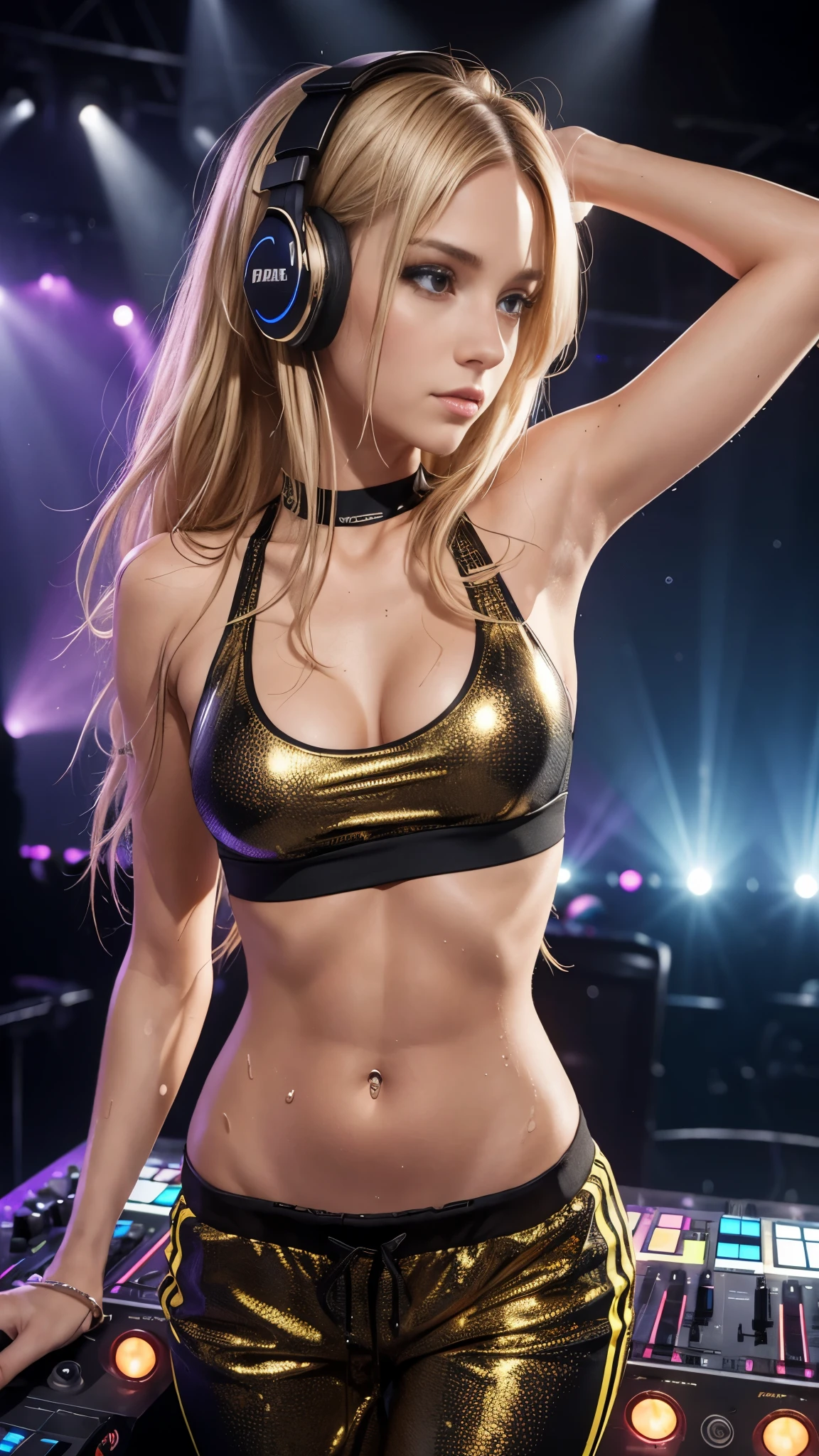 24 year old female dj live on stage, female dj, djing, headphones, dj desk, huge audience, dynamic light, electro music, sweat pants, sports bra, very skinny, golden hair, small breast, sweaty, rachel cook, slim, long hair, open hair