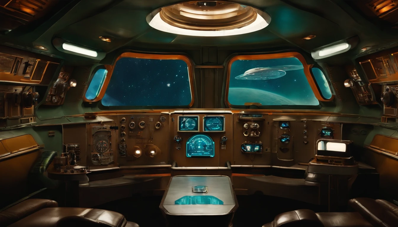 1940s science fiction film setting，interior of a spacecraft, centro de controle de uma nave espacial, boa imagem，In addition to scientific and technological training，sober tones, Design retro-futurista 1940, 
