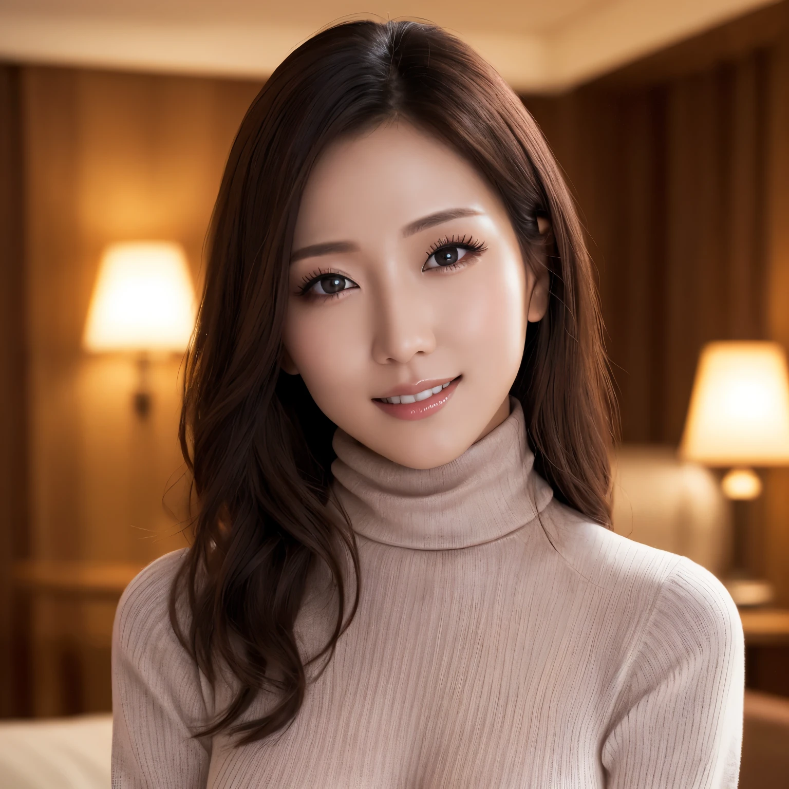 (highest quality、table top、8k、best image quality、Award-winning work)、absurd solution、near and far law、one beautiful woman, (very big breasts:1.3)、brown eyes、(Turtleneck long knit sweater dress:1.2)、Blurred luxury love hotel background、The most moody warm lighting、ultra high resolution glossy lips、Ultra high definition perfect face、super high quality hair、Super high-definition sparkling eyes、Achieving perfect natural teeth with ultra-high resolution、Ultra high definition glossy skin、Climax expression during sex staring at me
