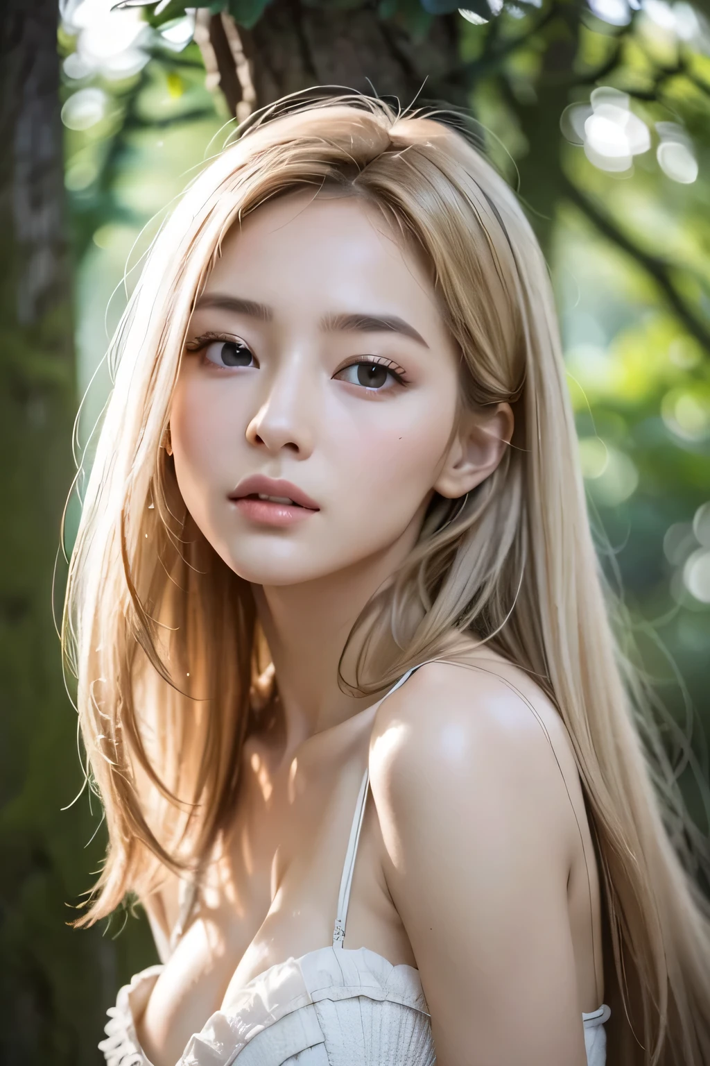 ８ｋ、High resolution、Beautiful woman of primitive times、young、white skin,、narrow eyes,high nose,lighting that illuminates the face、clear image、intellectual beauty、skinny、no makeup、The expression you show to your lover,shining hair、single eyelid,、vivid pose、looking at camera、relax on vacation、first inhabited country、Primeval forest、Hunting life、