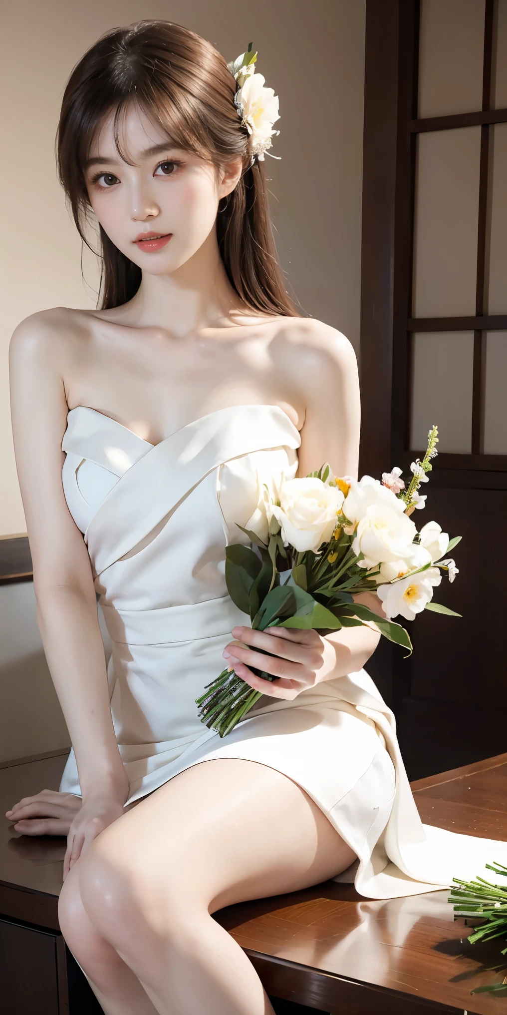araffe sitting on a table with a vase of flowers and a vase of flowers, pale beautiful skin, elegant japanese woman, young sensual graceful, pale woman, pale fair skin!!, japanese goddess, sitting with flowers, stunning elegant pose, japanese model, jingna zhang, stoya, lovely woman, elegant seducing pose, pale ivory skin, with flowers
