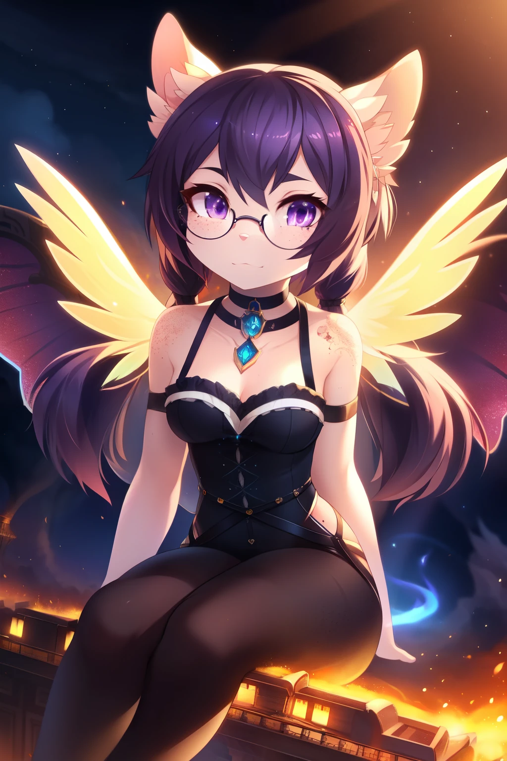 Solo, female, anime, emo style, sitting, mysterious aura, dark purple pigtails, soft face with freckles and glasses, tight choker, black pantyhose with distinctive tattoos, high-definition illustration, fire and steampunk background, adorable fantastical creature, detailed with precision, Macro photography texture and color, powerful in imagination, gentle gaze, striking contrast, extraordinary atmosphere.

Imagine an enchanting scene where an ethereal fairy is captured in a playful flying pose, embodying a magical essence. Her delicate wings, tinged with pastel hues, flutter gracefully, casting a gentle glow upon her surroundings. She don