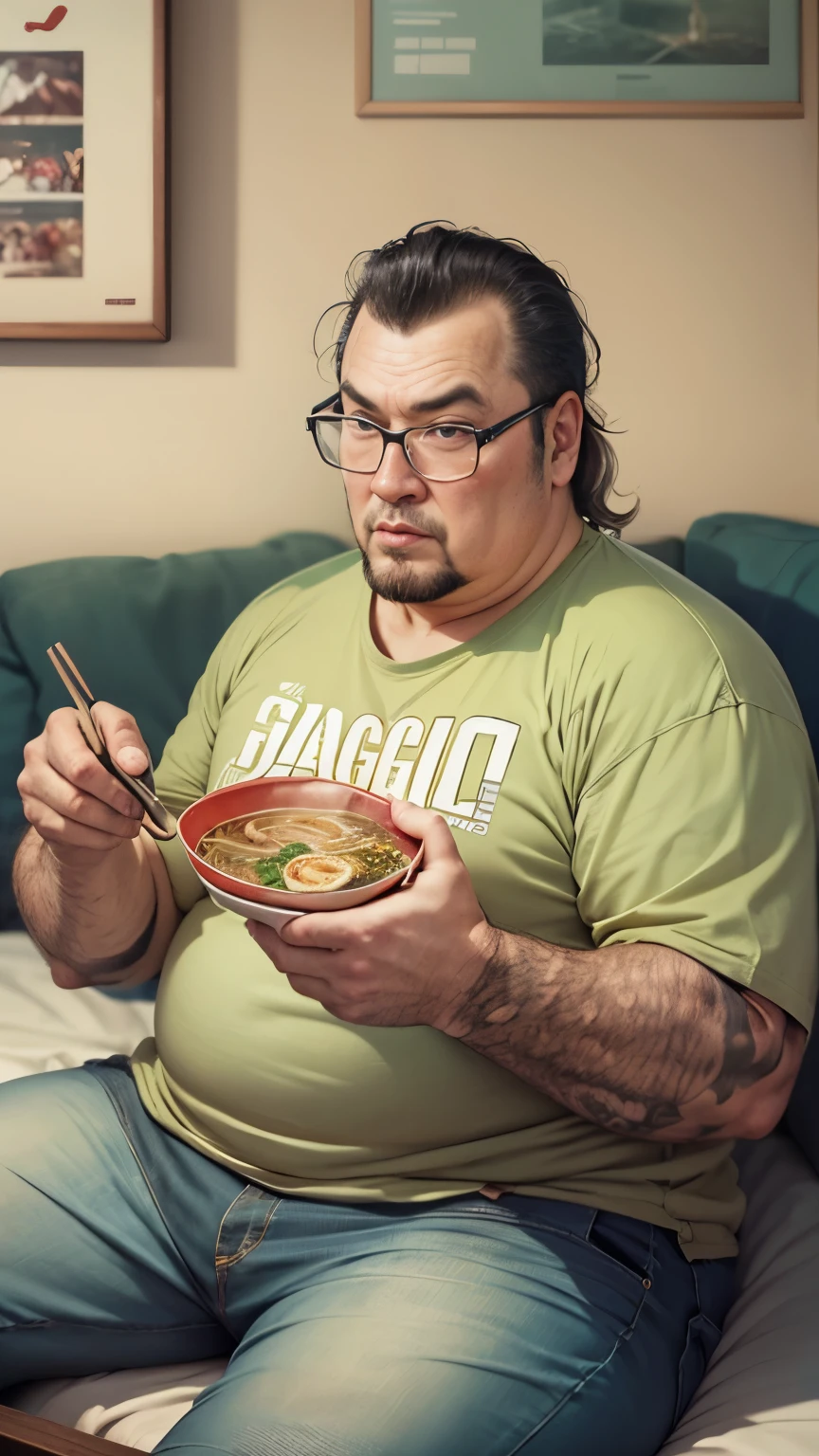 ((HD photo)), Hyper realistic, hires:1.4, 8k, a fat man / Steven seagal / 40 years old, sitting, (holding ramen bowl), badly fitting t shirt, overweight messy hair, nerd glasses, leering, greasy, stained jeans, dark bedroom, posters, game console, pc, dakimura, poorly lit, incel, anime nerd, neckbeard, dirty walls,